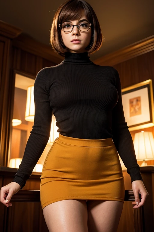 masterpiece, best quality, ultra-detailed, ultra-HD, photorealistic, cinematic, close-up camera shot, sensual pose, alluring and voluptuous female as Velma Dinkley:1.2, perfect anatomy, perfect face, proportioned hands, deep shade of auburn with a slight natural wave hair color, chin-length bob with blunt bangs hairstyle:1.3, retro-chic style outfit, knee-length and orange turtleneck, short pleaded red mini skirt, thick-framed black square glasses, wears knee-high mustard-yellow socks, sensible lace-up shoes, she has a small magnifying glass, in a haunted house, creepy house, creepy mansion