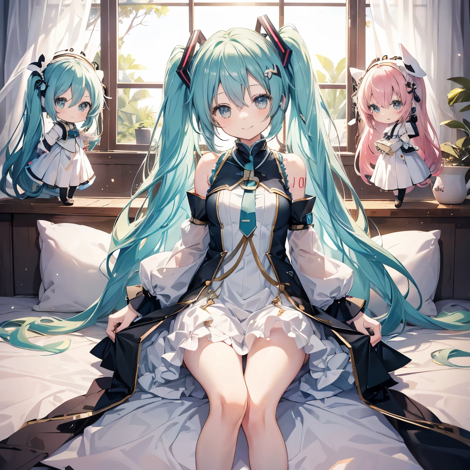 hatsune  miku、megurine luka、Cute Smile、fluffy、、Four Girls、Chibi Character、highest quality、Thin dress