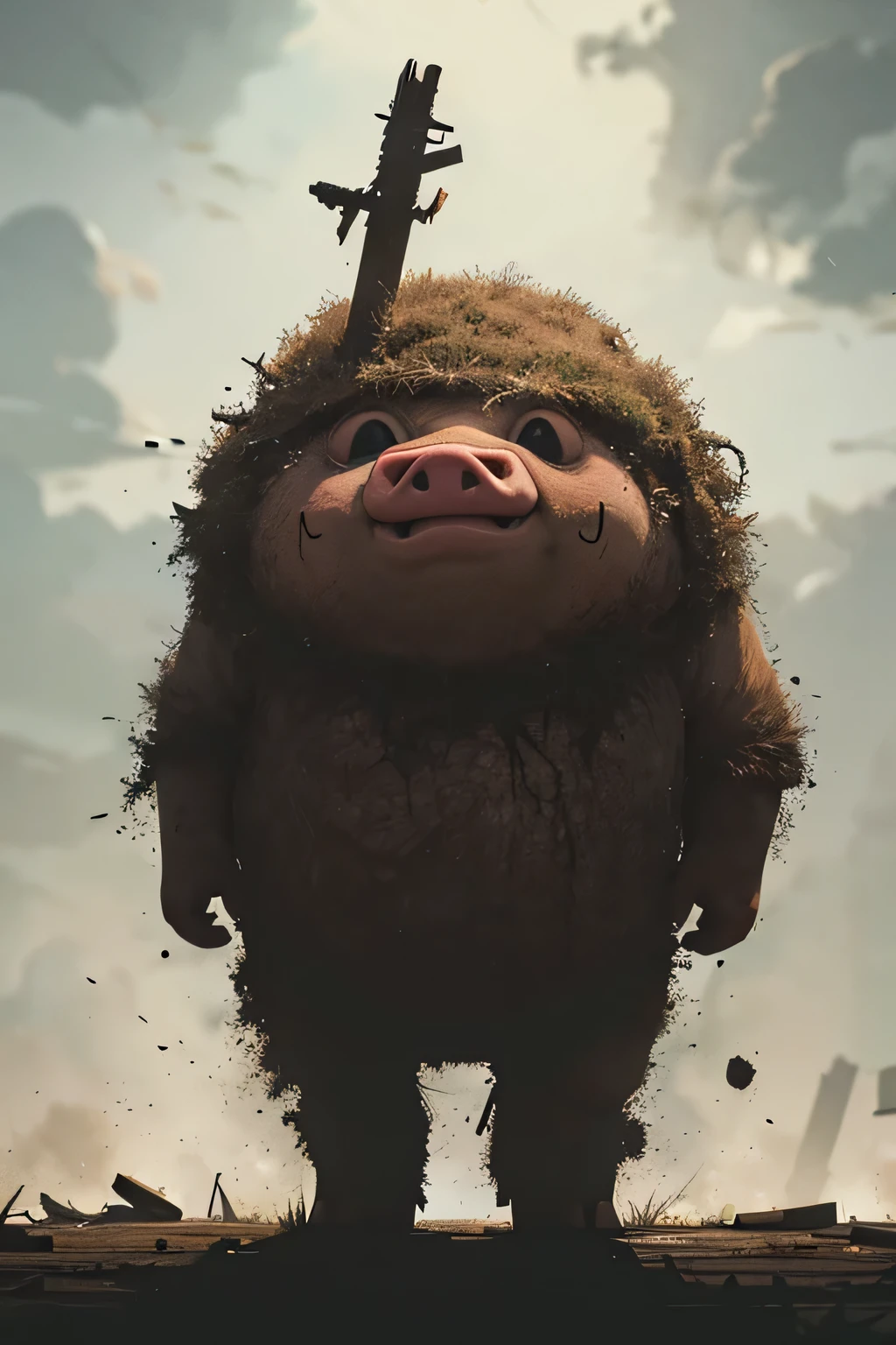 An angry pig standing upright in a ruined world