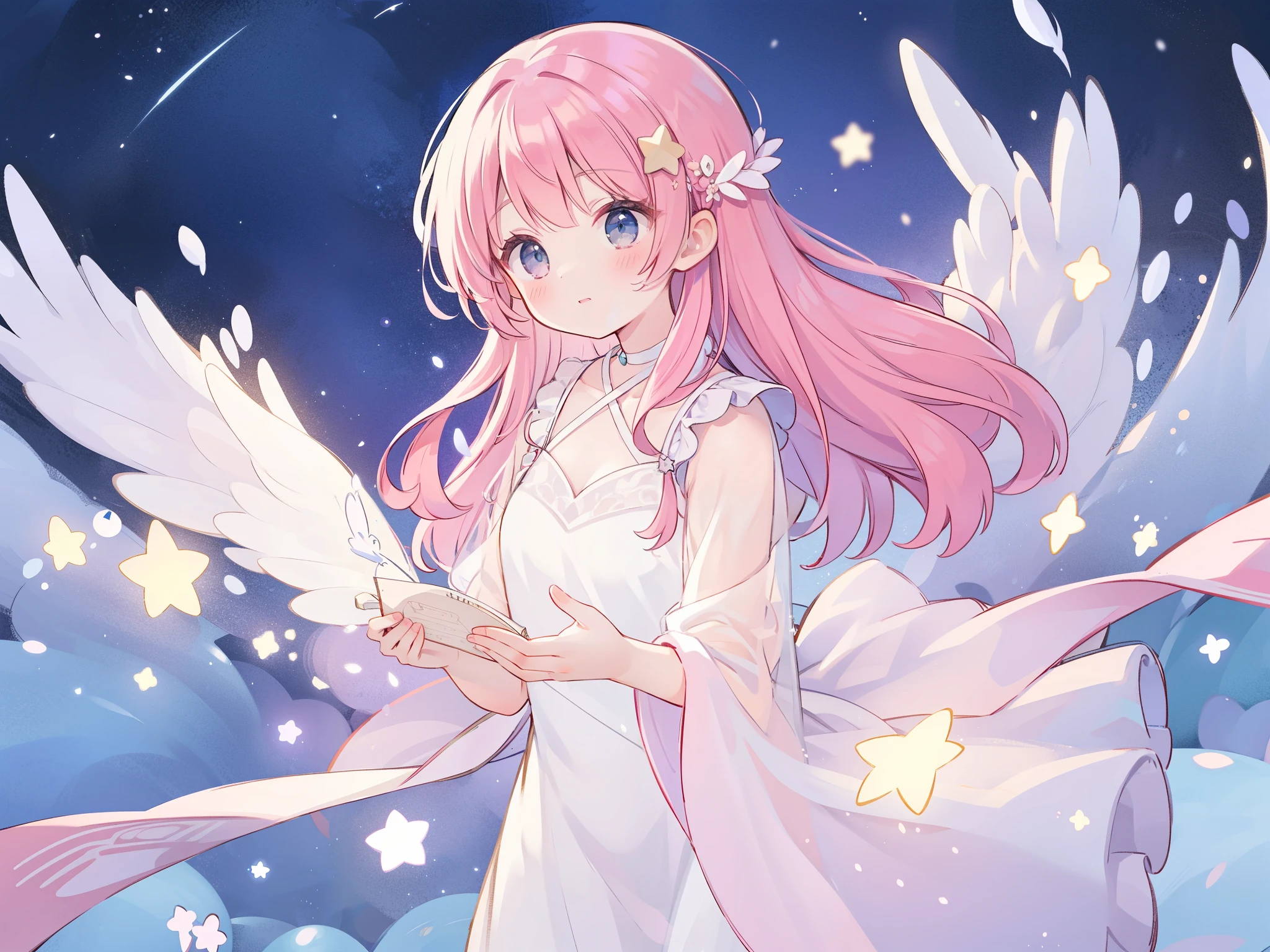 complex background, wishing star background, a woman wearing an ethereal mystical pink translucent dress that reflects the stars, dreamy, peaceful, serene composition, glowing stars, glowing, mystic, complex drawing, highly detailed, ethereal, starry night, midjourney style