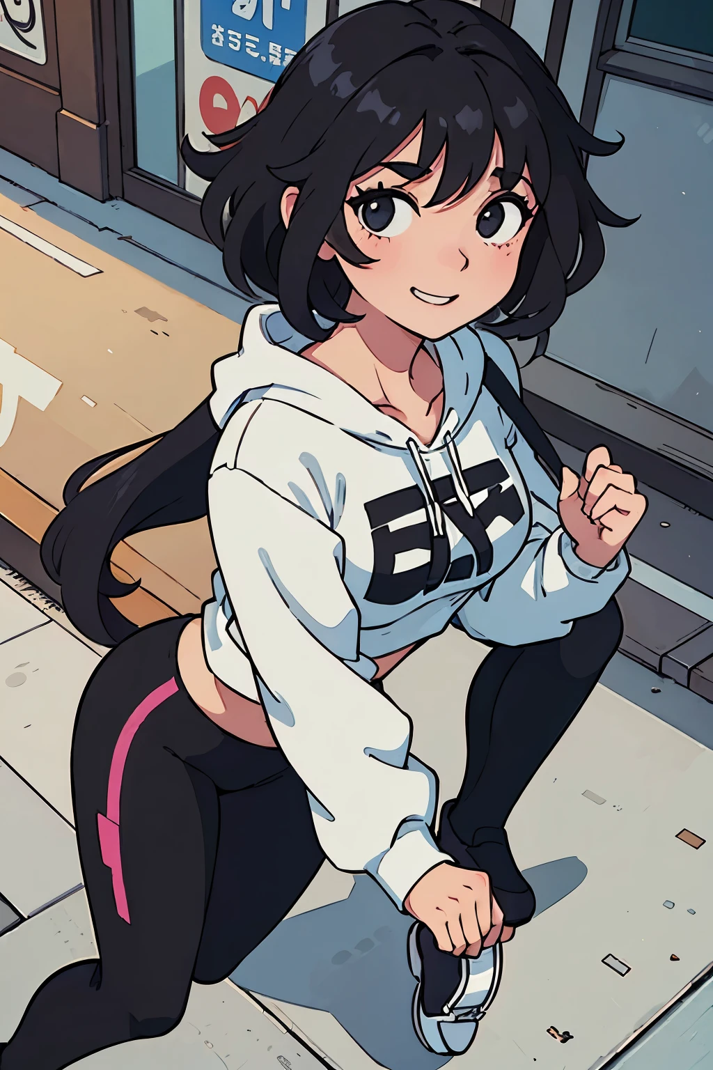 (best quality:0.8) perfect anime illustration, a pretty, happy woman with short curly black hair on the street in the city, wearing a crop hoodie, black leggings