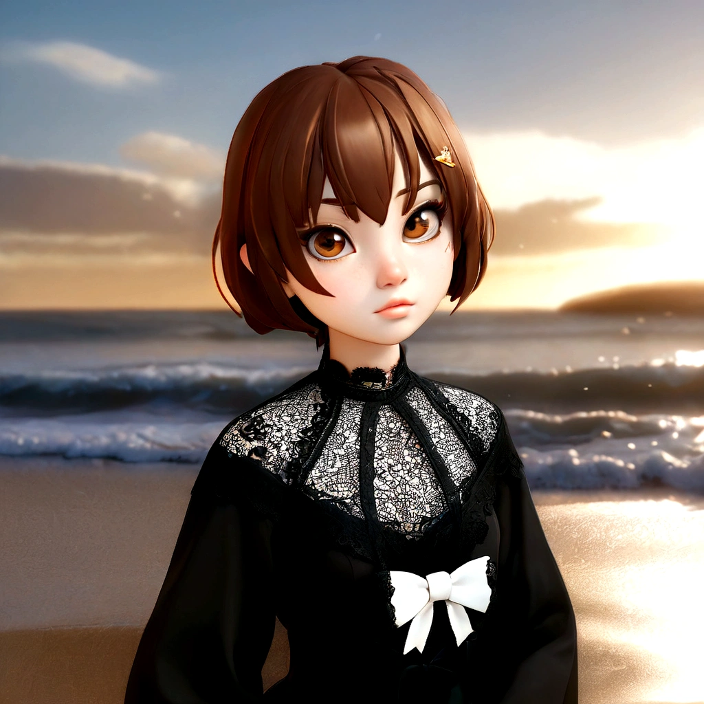 Golden Eyes、Anime girl with brown hair and black dress on the beach, Created by Anime Painter Studio, render of a cute 3d anime girl, Anime-style 3D, Anime Moe Art Style, Realistic Anime 3D Style, Smooth anime CG art, Anime style portrait, ( ( 3D Rendering ) ), April Rendering, 3d anime girl, Realistic anime art style