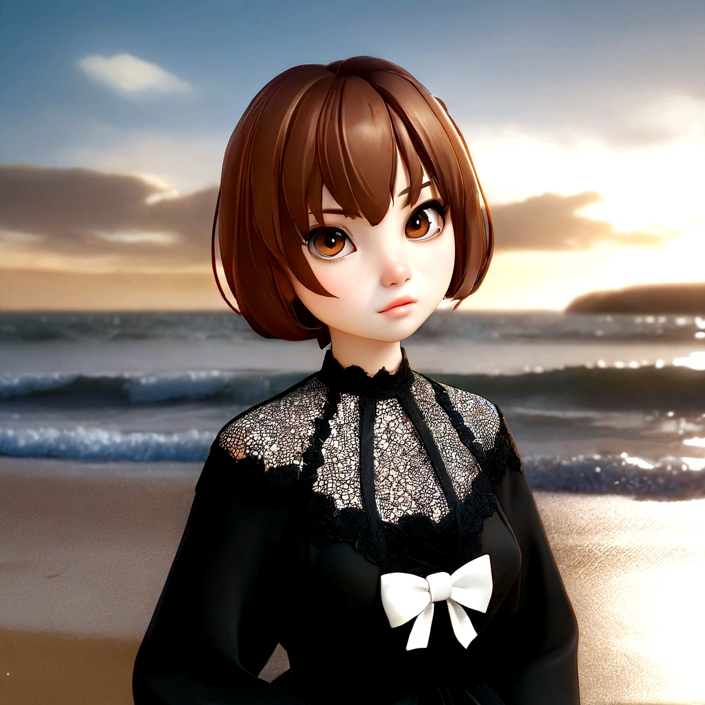 Golden Eyes、Anime girl with brown hair and black dress on the beach, Created by Anime Painter Studio, render of a cute 3d anime girl, Anime-style 3D, Anime Moe Art Style, Realistic Anime 3D Style, Smooth anime CG art, Anime style portrait, ( ( 3D Rendering ) ), April Rendering, 3d anime girl, Realistic anime art style