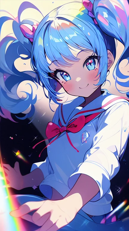 masterpiece, highest quality, Super detailed, Sparkling、Under the twinkling stars、cute, girl, alone, smile, Light blue hair, Twin tails、whole body、Running pose、((School uniform))