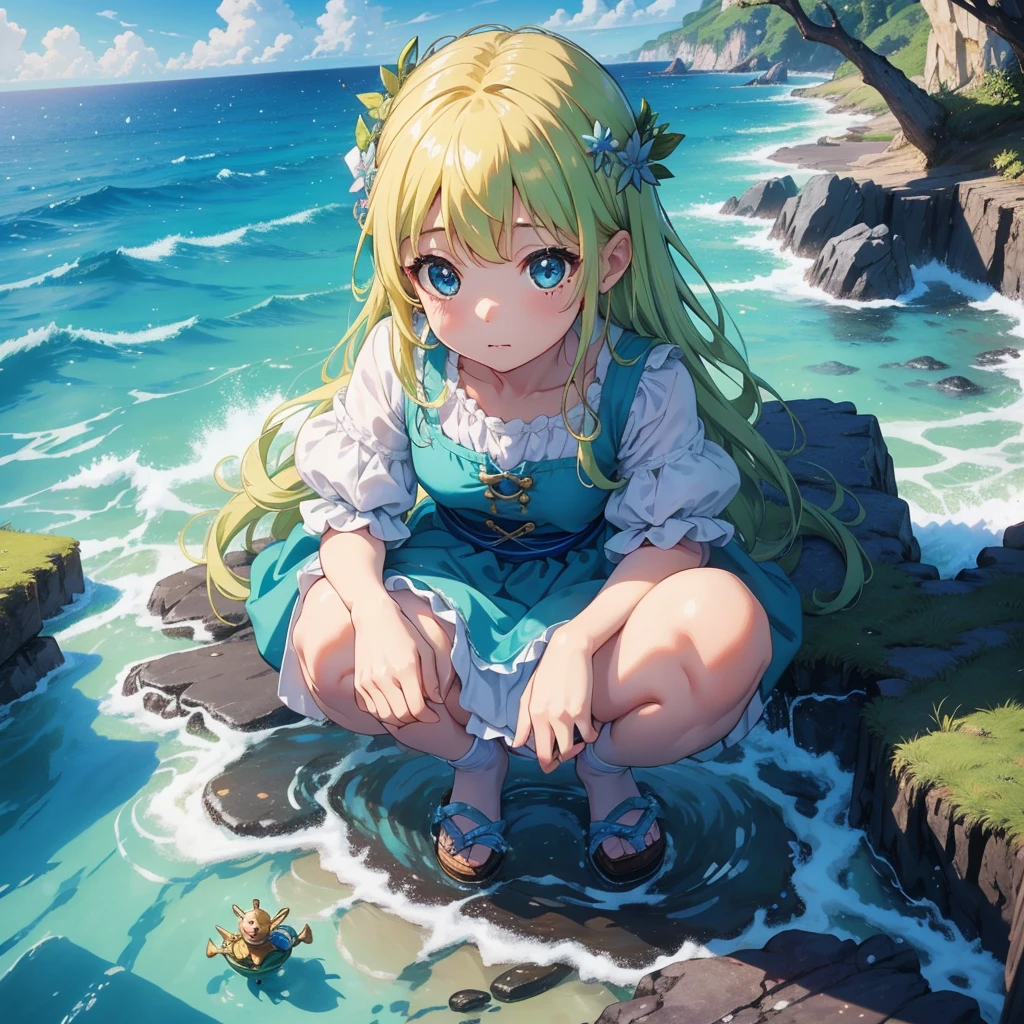 highest quality、Tabletop、Award-winning works、Ultra-fine down to the smallest detail、Ultra detailed face、pastel colour、A Kind World、Little、Leprechaun、Squat down and talk to the little fairy of the sea、Sparkling、The best light source、Blue sky and blue sea、