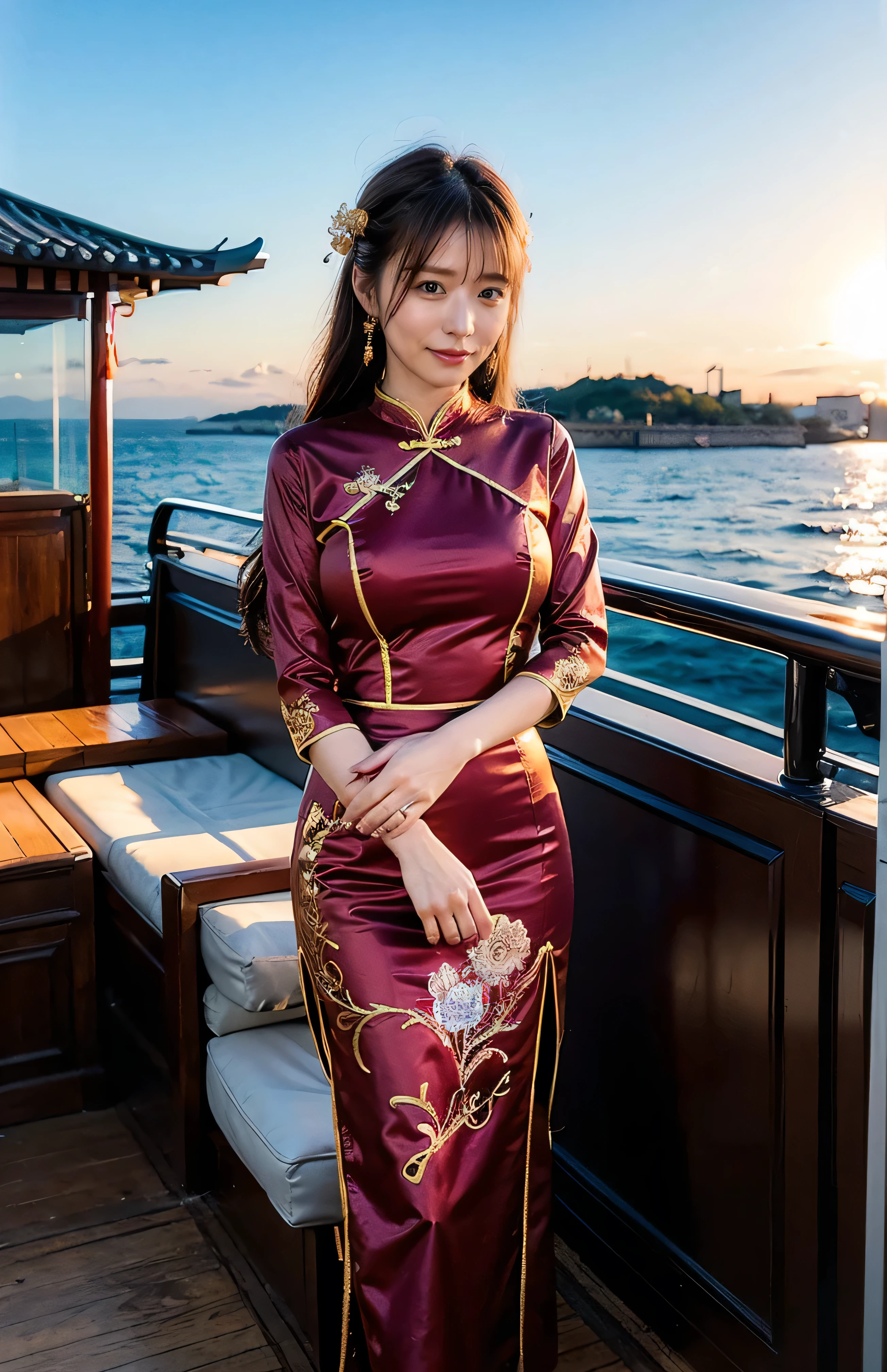 The sky turns red、A typical Chinese mountain々I can see、((hair ornaments:1.5)).A gorgeous gold embroidered Chinese dress、hair ornaments、Tie your hair elegantly、Gorgeous silk cheongsam、((Standing on a boat and posing sexy、Luxurious and shiny wine red Chinese dress with embroidered long skirt:1.4)).A luxurious and shiny silk cheongsam、A luxurious navy blue cheongsam with embroidery、Woman standing on a boat、Light brown hair、Elegant hairstyle、Blue Eyed Woman、A woman with a cute upward gaze、When the sky gets dark、The gentle light of the ship shines、The sky turns red as the sun sets、I can see your body lines in tight clothes、、Elegant navy blue summer knit、Elegant black summer sweater、Short skirt、Dress elegantly着こなす、Luxury Bagedium Shorthair:1.4))、Skyscrapers seen across the sea、Manhattan 私sland is visible offshore、Woman on a sightseeing boat、、The sun shines on her、Light brown hair、Light brown hair、The sky was dyed red、There are clouds、private's cute、An elegantly dressed woman is sitting on a boat and watching the sunset、Her ample breasts are obvious even through her clothes..、The shining sun is so beautiful、Dusk is approaching、Lens flare、I can see the sunset、((Sunlight reflecting off the ocean、Ocean View、The sun shines on the sea、'beautiful.、Small earrings、private'evening、Birds are also flying、、Brown Hair Color、Tying up hair、The woman is on the right:1.4))、Luxury Leather Belts、Shiny clothes、Light beige hair color、Background Blur、Braid only the front hair、Light brown hair、{{Cowgirl Shot}}、((Close-up shot from the waist up、Ample breasts:1.4))、Smile、Silk clothing、Ample breasts that can be seen even through clothes、Braid only the front hair、Cowboy Shot、Gorgeous white collared silk shirt and brown skirt、Dress elegantly、Luxury Bags、A lovely smile、((Ample breasts))、Full body photo、ring、Short skirt、Tuck your hair behind one ear、Silver Necklace、smile、 Elegant ponytail、Caustics、Highly detailed photos、Very beautiful and ideal short hair、Super no makeup、(8k、RAW Photos、highest quality、masterpiece:1.2)、(Realistic、Realistic)、1 girl、((Medium Short Hair、Looking into the camera:1.4))、Hair blowing in the wind