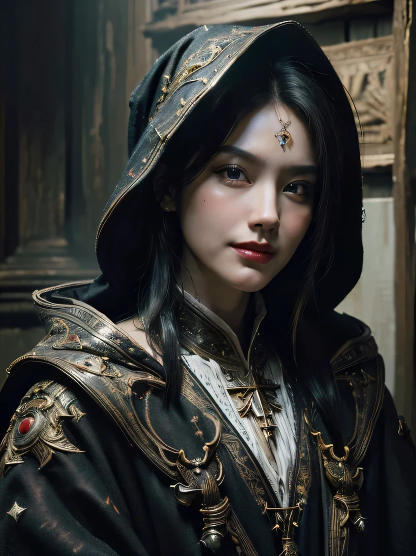 ((masterpiece、highest quality、Very detailed、High resolution、Photorealistic、Sharp focus))、Bust Shot、Handsome mature female wizard wearing a charming hood、(Black Hair、Straight face、Sharp Eye)、Dark atmosphere、View your viewers、Detailed depiction of the hand、Wizardrope、oil painting