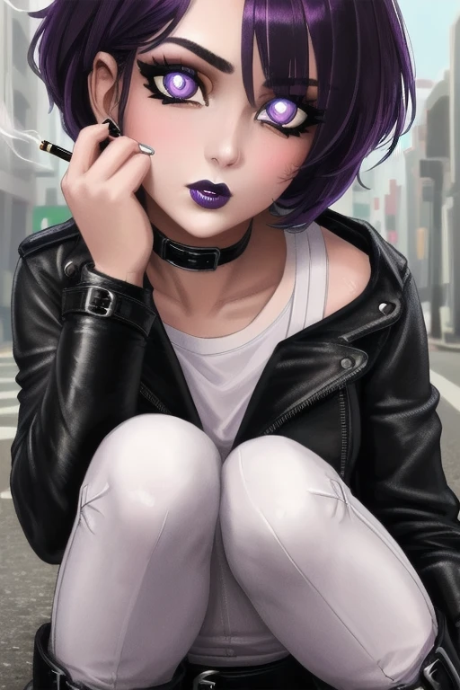 ((Masterpiece)), ((Best Quality)), (4K quality), ((Detailed face:1.2), (Detailed eyes:1.2), (Detailed pupils:1.2), Ultra High Resolution, intricate details, ultra-detailed, dramatic lighting, 1girl,solo, a 28-year-old woman, pale skin, purple eyeshadow, purple lipstick, (street style wear:1.2), ((Black leather jacket, white undershirt, tight black leather pants, belt and knee high leather boots:1.2)) she has short black hair with purple highlights, purple colored eyes, she's looking at the camera with a confident gaze, she's smoking a cigarette.

