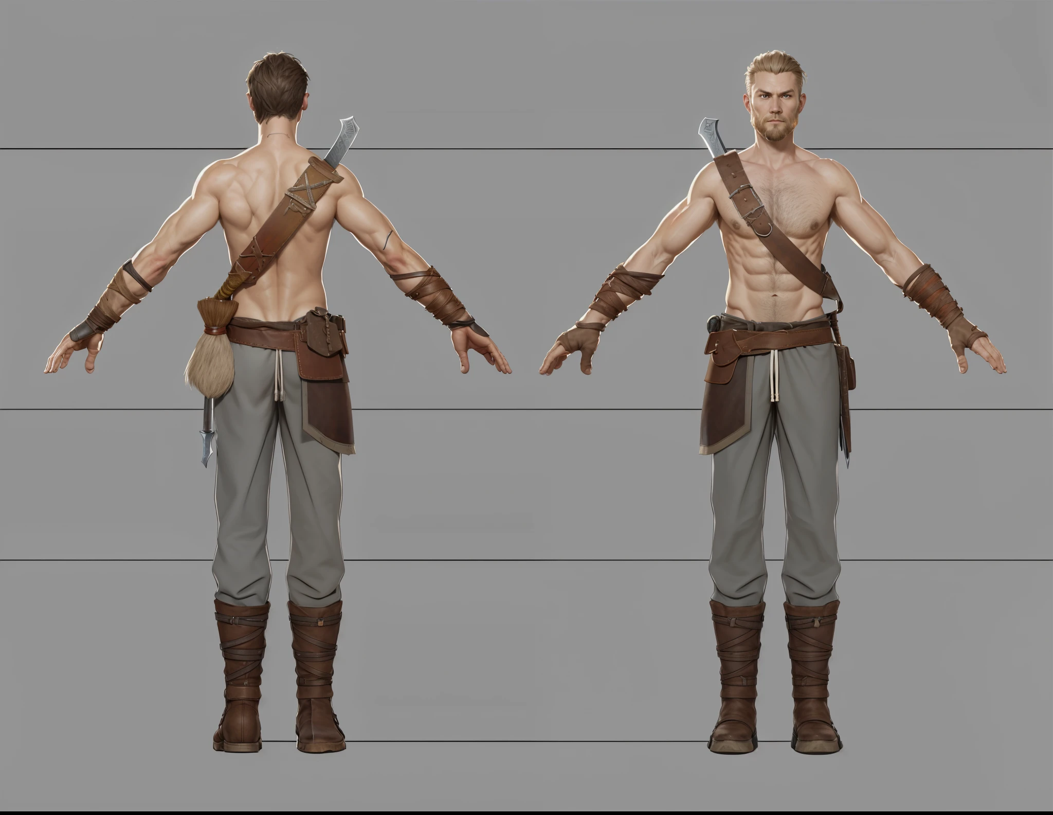 ( Realistic:1.33),(masterpiece:1.1),(highest quality:1.1),(HDR:1) a close up of a muscle hunter with a blade and a belt, full body concept, detailed full body concept, Viking ranger style, Viking protective, Portrait of a Viking, Viking warrior, Viking culture, Nordic warrior, Viking costume, Ancient Viking warrior, male Viking, with Machado, Nordic inspiration, Viking and barbarian aesthetics, full body character concept,costume concept design, full body details, detailed full body concept art, full character body, character model sheet turnaround, fullbody shot turnaround, concept character sheet, full body concept art, reference model sheet , full body concept art, RPG style character, game character design, 3d character reference sheet, video game character concept, detailed character design, character sheet, [ character model sheet turnaround ], front and back, (((front and back))), grey clean background, 3D character, leather belt, leather boots with rob, ((gambeson cloth)), leather belt on chest, (viking warrior), ((barbarian)),(((wide chest)), (gambeson loincloth), ragged loincloth,((leather drawstring pouch on belt)), ((back muscle)),((back muscle)),sword on back, sword hilt , ((staff on bag))
