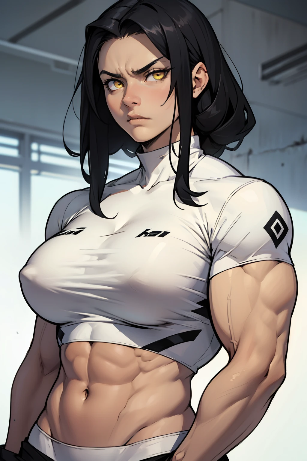 girl ((muscular)) massive breasts thick disdain disgusted annoyed disappointed black hair yellow eyes pale skin super detail vanishing point