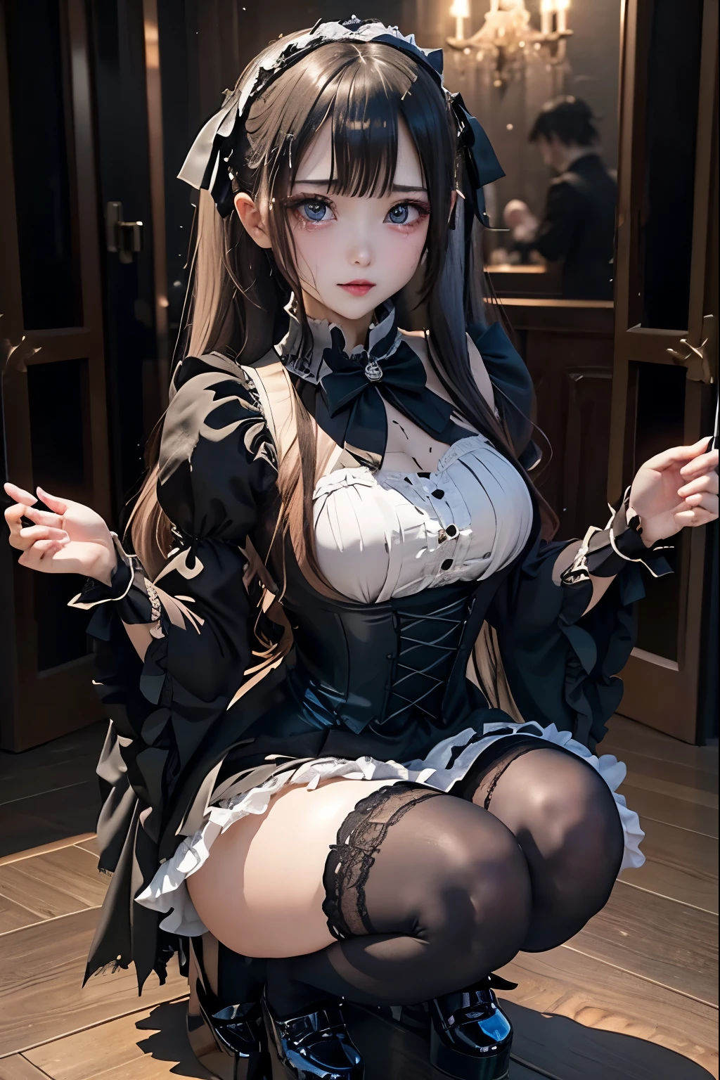 ハードDark Gothicメイク、Deep Night Sky、Horror、Black dark eyeshadow、cry、sad、Good skin radiance、Dark Gothicメイク、Dark smile、palace、The beauty of fragrance、24-years-old、Expressions of intense sexual pleasure、Embarrassed look、Dark Gothic、Obscene language、highest quality、Expression of sexual pleasure amid suffering、Drunk face、紫のMaid clothes、Mysterious、Noble、The face of someone who is holding in the toilet、sexy、Loving smile、Twin tail hair、Right blue eye, Left eye is red、Super seductive pose、Platform Heel Shoes、Heavy makeup、Gothic ta Clothing、A little slimmer、Silver Hair、Long Hair Straight Hair、Cute Gothic Loliress、Beautiful Face、elegant features、Fascinating face、Stained glassが背景、Chest glistening with sweat、The room is dark、goth long dress、Bell Sleeves、Wizard Sleeve、Decadent look、Sexually excited expression、Glossy thighs wet with water、Thighs that are wet and shiny with oil、Background of a room full of roses、sad表情、Rose Maiden、The embroidery is pink、The dress has pink embroidery、Thigh-high socks、Knee-high socks、Gentle expression、Dark black eyeshadow、despicable act、Stained glassと薔薇背景、thighs are a little thin、Female Duo、Female couple、dark church background、Stained glass、Black metal world、Dark Castle、Dark Room、Slender body、upright、walk、Are standing、gothic long dresaid clothes、Victorian dresses、Her thighs glisten with sweat、My body is wet and shiny、Lots of glitter on the thighs、sweating、My thighs are sticky from sweating、Sweat glistens on the thighs, The whole body is sweaty and shiny、Quite sweaty、My thighs are sweaty、My thighs are so wet、My thighs are shining with sweat、A lot of sweat glistens all over the body、Small breasts、