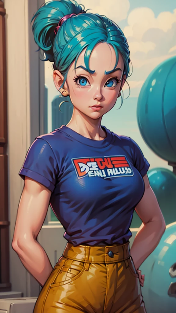 Un primer plano de una persona con un atuendo rosa posando para una foto, bulma de dragon ball, obra de arte al estilo de guweiz, al estilo de ross tran, extremely detailed artistic germ, artgerm julie campana escarabajo, artgerm y lois van baarle, estilo ross tran, Lois van Baarle y Rossdraws, pelo azul mentolado. 8k. en su bluza diga bulma.