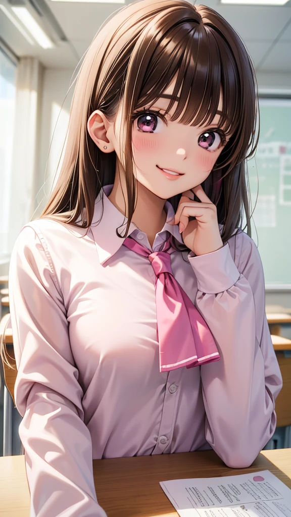 young woman、smile、((Brown hair、Semi-long hair))、Blushing、Grin、((Pink lip gloss))、masterpiece、High resolution、16k、Long Sleeve 、(Very close:1.5)、School classroom、(Close up of upper body)