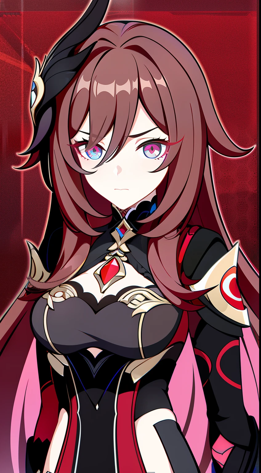 (high-quality, breathtaking),(expressive eyes, perfect face) Symmetrical Eyes, teenager, age 18, upperbody, Honkai Impact 3rd, 1girl, female, Valkyrie, red eye color, dark red hair color, grey background, long hair length , Honkai outfits, Genshin outfits, facing towards viewer, stylized hairstyle, sad
