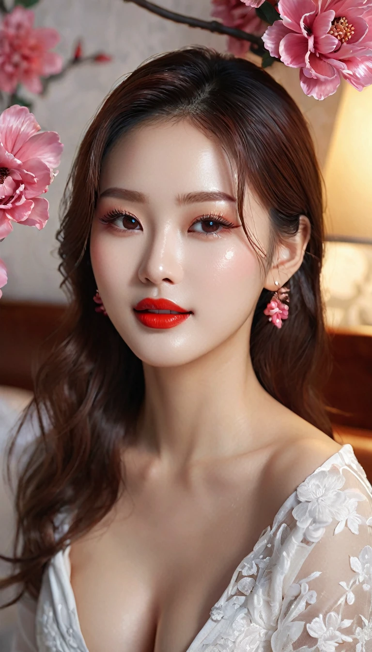 1 girl, Korean model, extremely beautiful, perfect body. Photo taken with Canon EOS R5 85mm f/11 Camera, ((sharp)) mode of people and surrounding scenery. Image quality ((8K)), ((lifelike)), ((masterpiece)), ((sharp and highest contrast)), ((great depth of field)), ((light stereolithography)). ((Pink hair)), long and smooth, the wind blows it beautifully under the bright sunlight. Beautiful face, perfect and sexy, holy, perfectly balanced, ((beautiful in every detail)), ((shiny)), ((high-end cosmetic makeup)). Bright smile, pure white teeth and details. Seductive glossy red lips, ((brilliant glossy red lipstick)). The eyes are brown, glossy, seductive, ((sharp makeup)), realistic, ((wet eyes)) and detailed. Pink eyeshadow, long eyelashes, blush, high-end cosmetics. Two delicate eyelids, perfectly beautiful and detailed, black eyelashes. Eyebrows are curved, sparse, sharp and detailed. High and detailed nose. Cheeks are prominent and detailed. ((Bright white skin)), detailed pores, ((shiny skin)), smooth and tight skin. Long, shiny legs. Beautiful, perfect hands, ((no flaws)). Big and full breasts, ((prominent and detailed nipples)), deep and firm cleavage, tight under the bra. Buttocks are plump and fit into underwear. ((Light shines directly on the face)), bright sunlight, ((light shines on the front part of the girl's body)).
((extremely thin white shirt)), ((extremely short leather skirt)), ((thin tights)), ((standing with legs apart)), ((vaginal opening)), ((bedroom)), ((double bed)), ((embroidered with brocade flowers)), ((joyful, waiting, inviting, steamy))