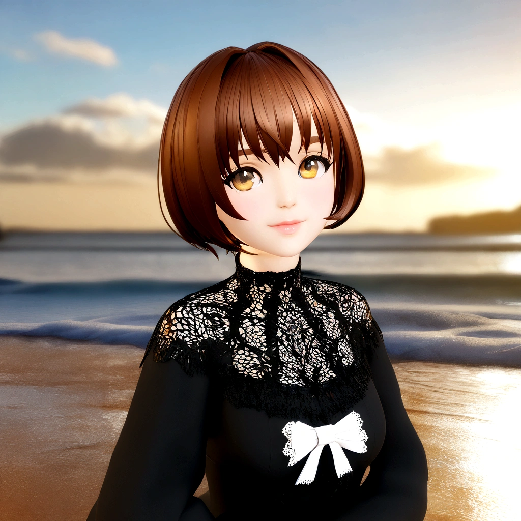 Golden Eyes、Anime girl with brown hair and black dress on the beach, Created by Anime Painter Studio, render of a cute 3d anime girl, Anime-style 3D, Anime Moe Art Style, Realistic Anime 3D Style, Smooth anime CG art, Anime style portrait, ( ( 3D Rendering ) ), April Rendering, 3d anime girl, Realistic anime art style