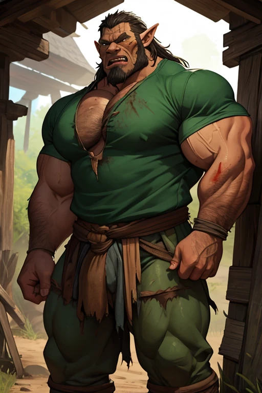 Medieval fantasy Human prisoners in an Orc village butchering a freshly hunted boar for the tribe to cook later. Skin turning dark green. Sweat. Muscles. Dirt. Worn clothes. Torn clothes. Worn and torn shirt. Bloody hands. Blood-stained clothes. Prominent mouth tusks from lower lip. Crotch bulge. Bulging crotch. Growing muscles. deforming ears. Drooling over raw meat. "Meat ... hungry.... Eat...." Brute. Orc. Assimilation. Brainwashing. Giving in. Instinct. Dumber. Hyper muscles. Hyper bulging crotch. Loin cloth. Human to orc. "Me ... Me..... Orrrrrrc........" Peer pressure. Hypnosis. Corruption. conversion. Bigger and bigger. Dumber and dumber. IQ drain.