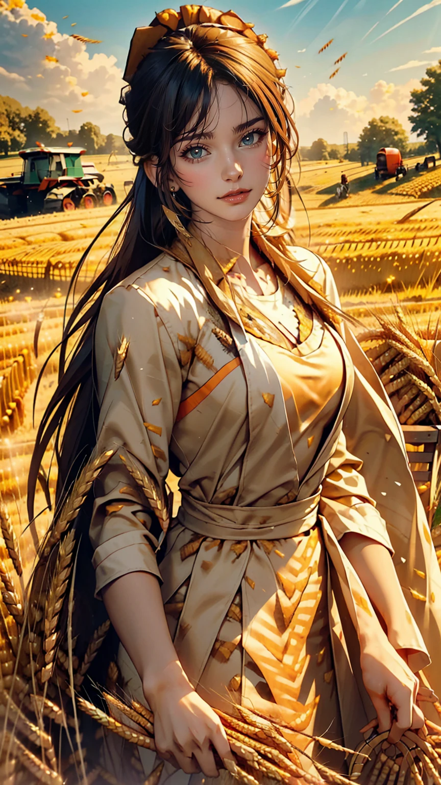 Korean women, (masterpiece, Beautiful person, Dirty smile), Virtual YouTube, Farm work in the countryside, (There are (Harvesting wheat: 1.4)), Fertilization, weeding, Ordinary face, No makeup, Country girl, ponytail, Detailed skin texture, Detailed cloth texture, Detailed and delicate face. masterpiece, Slim waist, The body is slim.