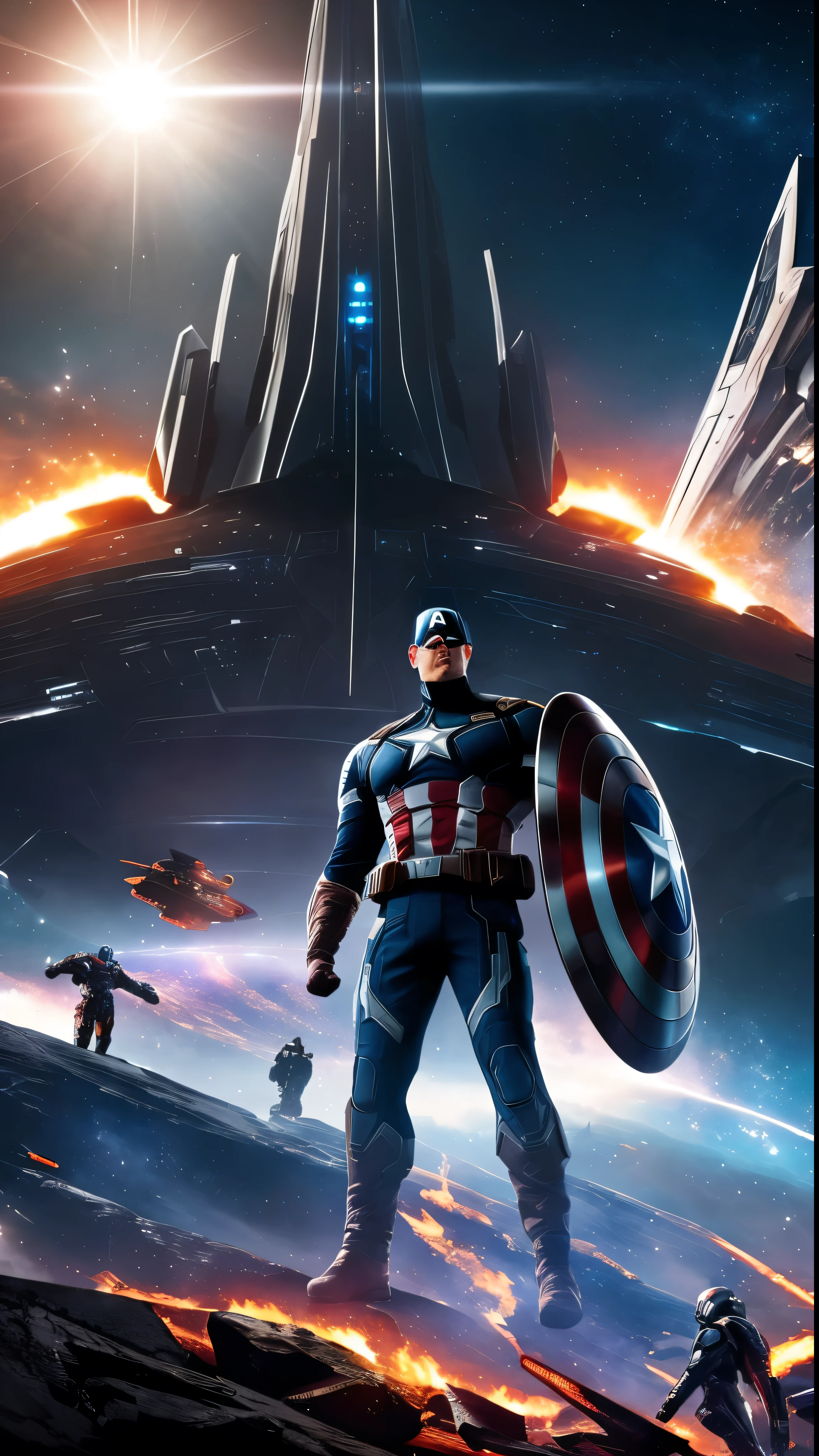 The iconic Captain America figure appears against the backdrop of an interstellar battlefield、A fascinating cinematic scene follows.。Embers from a devastating explosion cast an eerie, fiery glow across the screen.、Protagonist's Hall々It emphasizes its presence.。Hold the Stars and Stripes High、He flashed the patriotic shield emblem、Ready to join forces with the eccentric Guardians of the Galaxy team。Their futuristic spaceship、Benatar looms ominously in the foreground.、Its smooth metal surface reflects the chaotic flames in the distance.。The scene is set for epic action