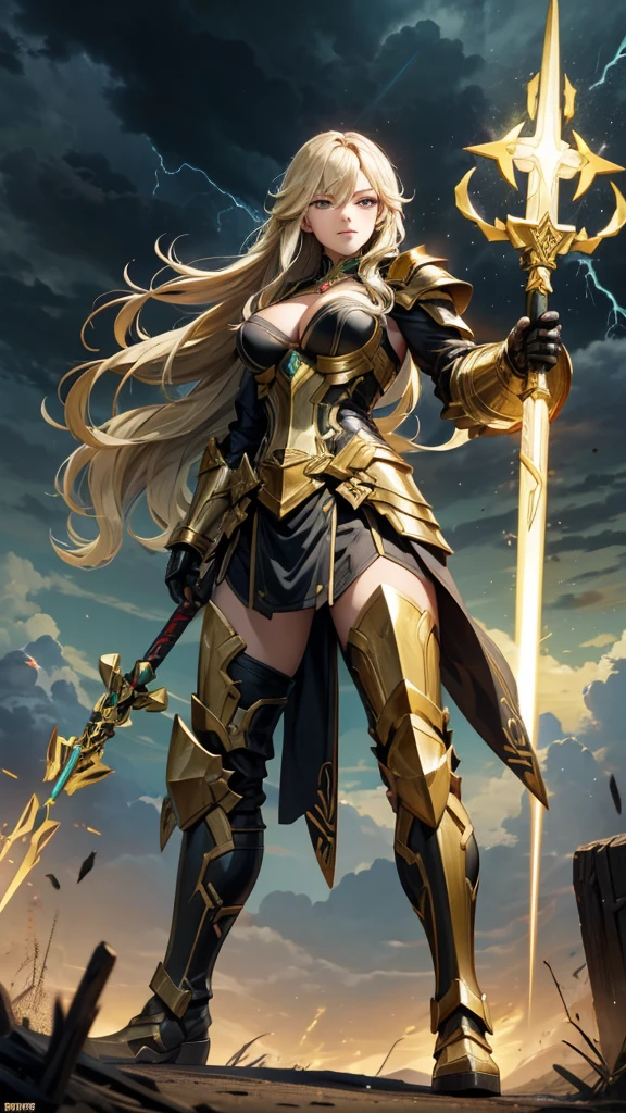 Beauty with green long hair ，Thor，Gold amount protection，Japanese lightning totem black armor，cleavage，，iron boots，spear，Standing，dark clouds thunder and lightning