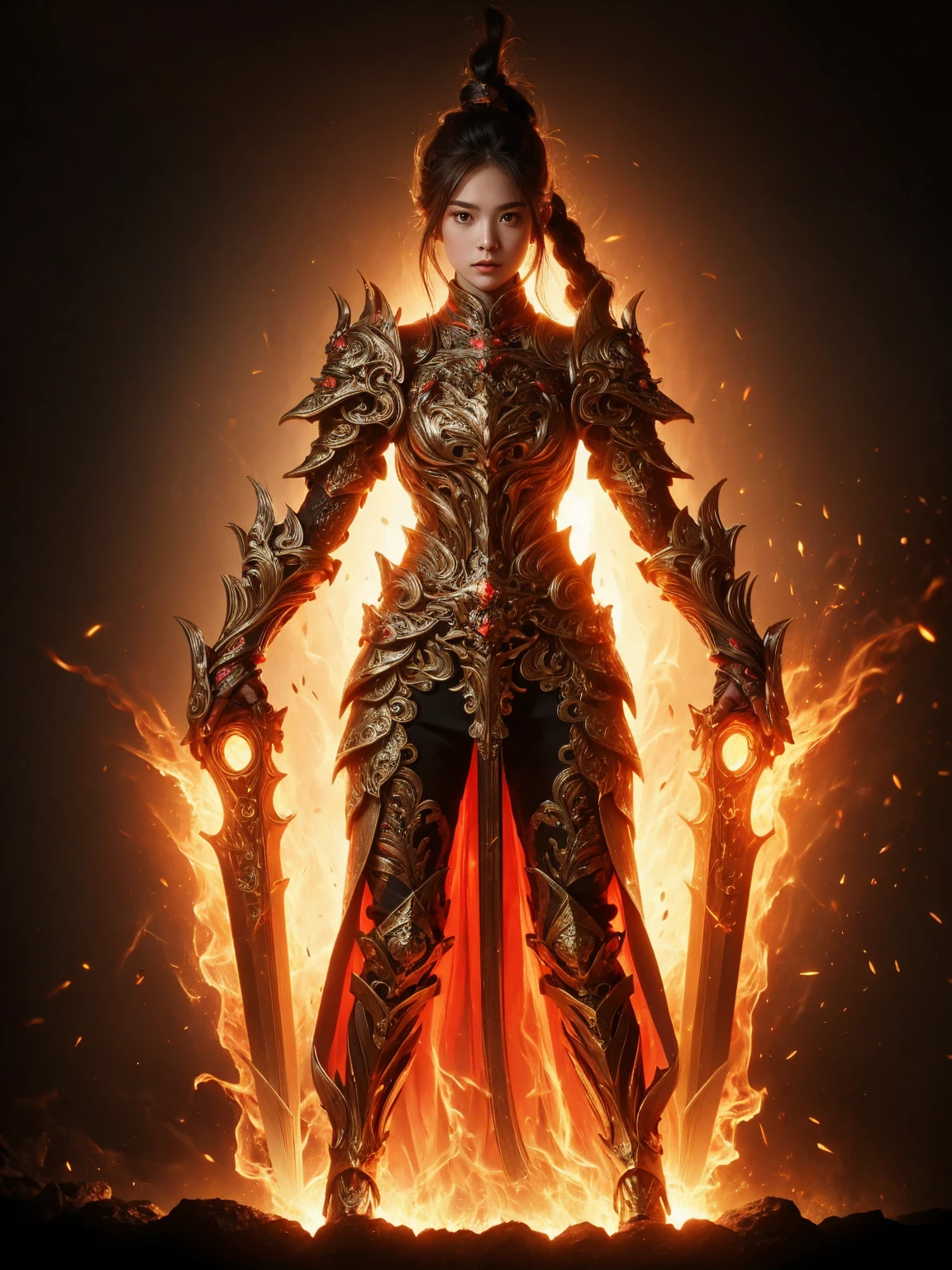 (masterpiece, top quality, best quality, official art, beautiful and aesthetic:1.2), (1girl),craft a Hyper-realistic portrayal of a futuristic (1girl1.2), Japanese character donned in intricate armor surrounded by captivating flames, an epic long (sword:1.2), dynamic pose, Meticulous details capture the intense fusion of tradition and innovation in this visually stunning composition. Trending on Artstation.