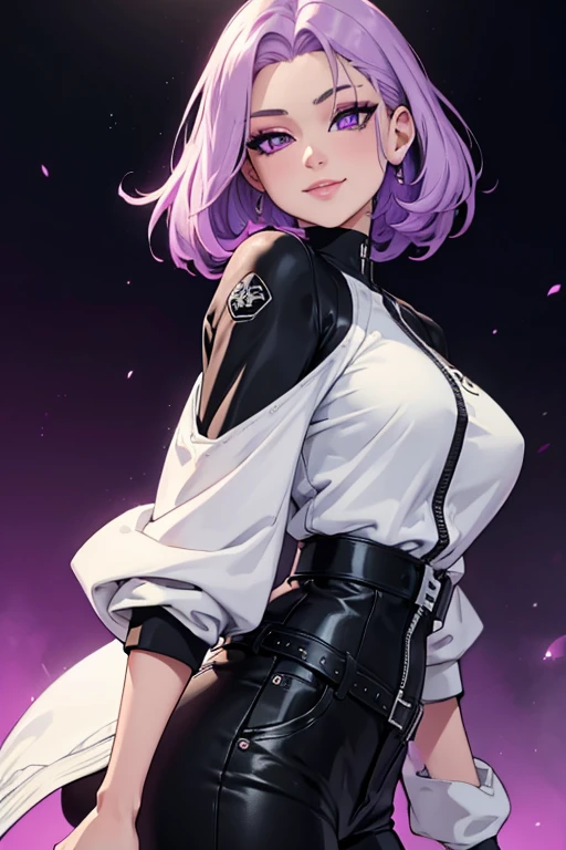a beautiful young woman with light purple hair, long slightly waved and combed to one side, purple eyes, almond eyes, eyeliner, pretty smile, pale skin, extremely beautiful, kind, sweet, White, black jacket, black cargo pants, anime realism style, portraits, vibrant lighting, color palette: light purple and black, (best quality, 4k, 8k, highres, masterpiece:1.2), ultra-detailed, realistic:1.37