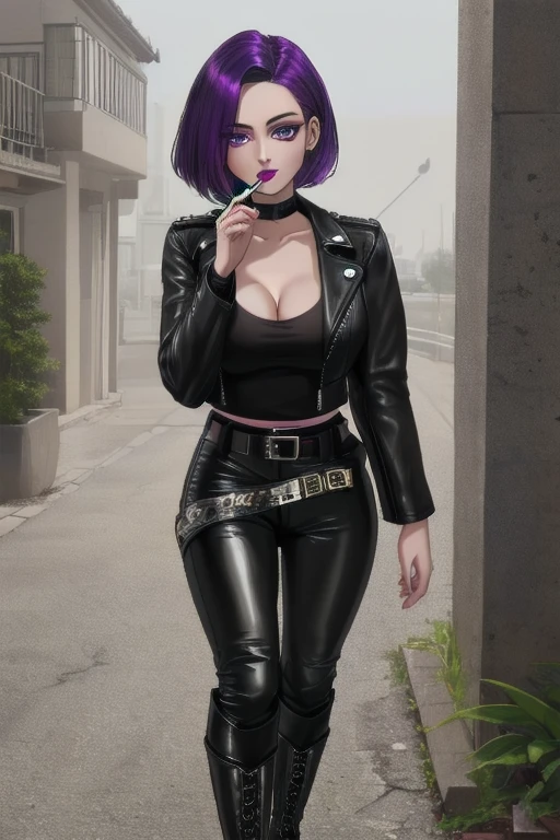 ((Masterpiece)), ((Best Quality)), (4K quality), ((Detailed face:1.2), (Detailed eyes:1.2), (Detailed pupils:1.2), Ultra High Resolution, intricate details, ultra-detailed, dramatic lighting, 1girl,solo, a 28-year-old woman, pale skin, purple eyeshadow, purple lipstick, ((Black leather jacket, white undershirt, tight black leather pants, belt and knee high leather boots:1.2)), medium breasts, cleavage, she has short black hair with purple highlights, purple colored eyes, standing, she's looking at the camera with a confident gaze, she's smoking a cigarette.