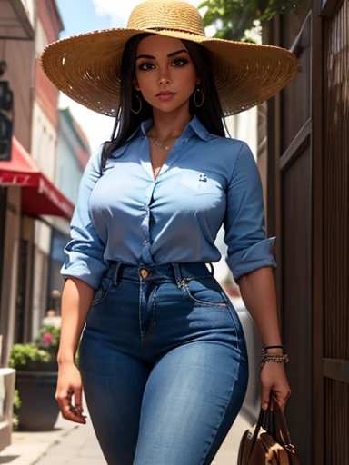 {Hyper-realistic dynamic vision, crisp, clean image and UHD 16K} Ruby Wylder Rivera Modine bonita com cintura fina e quadris finos, em estilo country (xadrez azul e preto fino dress shirt, camisa justa), destacando-se em uma cidade ocidental. Sua pele bronzeada brilha ao sol poente, &quot;suor&quot;, large symmetrical and radiant green eyes, cabelo castanho ondulado cai suavemente sobre os ombros. She wears a brown cowboy hat, xadrez azul e preto fino, camisa social justa, jeans desbotado, e botas de couro bordadas. It&#39;s on a dirt street surrounded by typical Western wooden buildings. The local saloon has swinging doors and a porch where cowboys chat. The barbershop has a rotating plate and the blacksmith shop next door is active with the sound of hammering. Horses tied to wooden posts and a hay cart passing by complete the scene.. The golden light of the sunset casts shadows and bathes the city in a warm glow, capturing the vibrant essence of the old west.