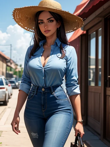 {Hyper-realistic dynamic vision, crisp, clean image and UHD 16K} Ruby Wylder Rivera Modine bonita com cintura fina e quadris finos, em estilo country (xadrez azul e preto fino dress shirt, camisa justa), destacando-se em uma cidade ocidental. Sua pele bronzeada brilha ao sol poente, "suor", large symmetrical and radiant green eyes, cabelo castanho ondulado cai suavemente sobre os ombros. She wears a brown cowboy hat, xadrez azul e preto fino, camisa social justa, jeans desbotado, e botas de couro bordadas. It's on a dirt street surrounded by typical Western wooden buildings. The local saloon has swinging doors and a porch where cowboys chat. The barbershop has a rotating plate and the blacksmith shop next door is active with the sound of hammering. Horses tied to wooden posts and a hay cart passing by complete the scene.. The golden light of the sunset casts shadows and bathes the city in a warm glow, capturing the vibrant essence of the old west.