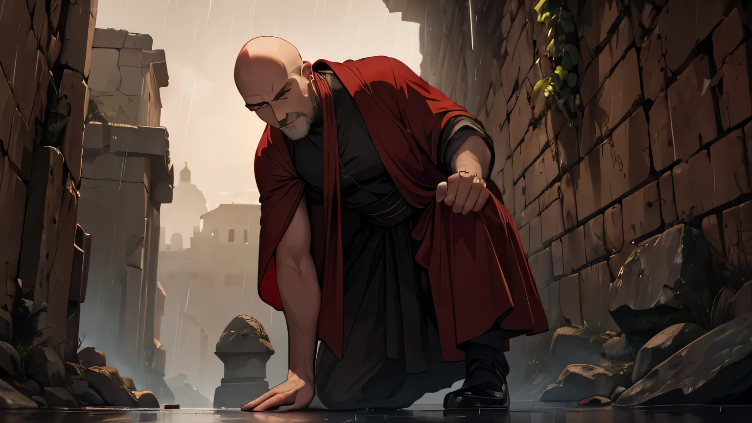 A bald man in a dark red ancient monk tunic, concerned friendly expression, reaching out his hand to help under the rain in a 1st century AD ancient Greek city at night, realistic, photorealistic, 8k, highly detailed, cinematic lighting, intricate details, dramatic shadows, moody atmosphere
