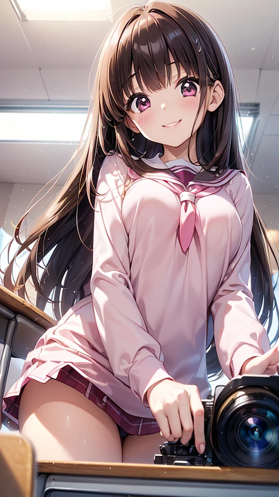 young woman、smile、((Brown hair、Semi-long hair))、Blushing、Grin、((Pink lip glosasterpiece、High resolution、16k、Long Sleeve 、(Very close:1.5)、School classroom、(Shooting from below)