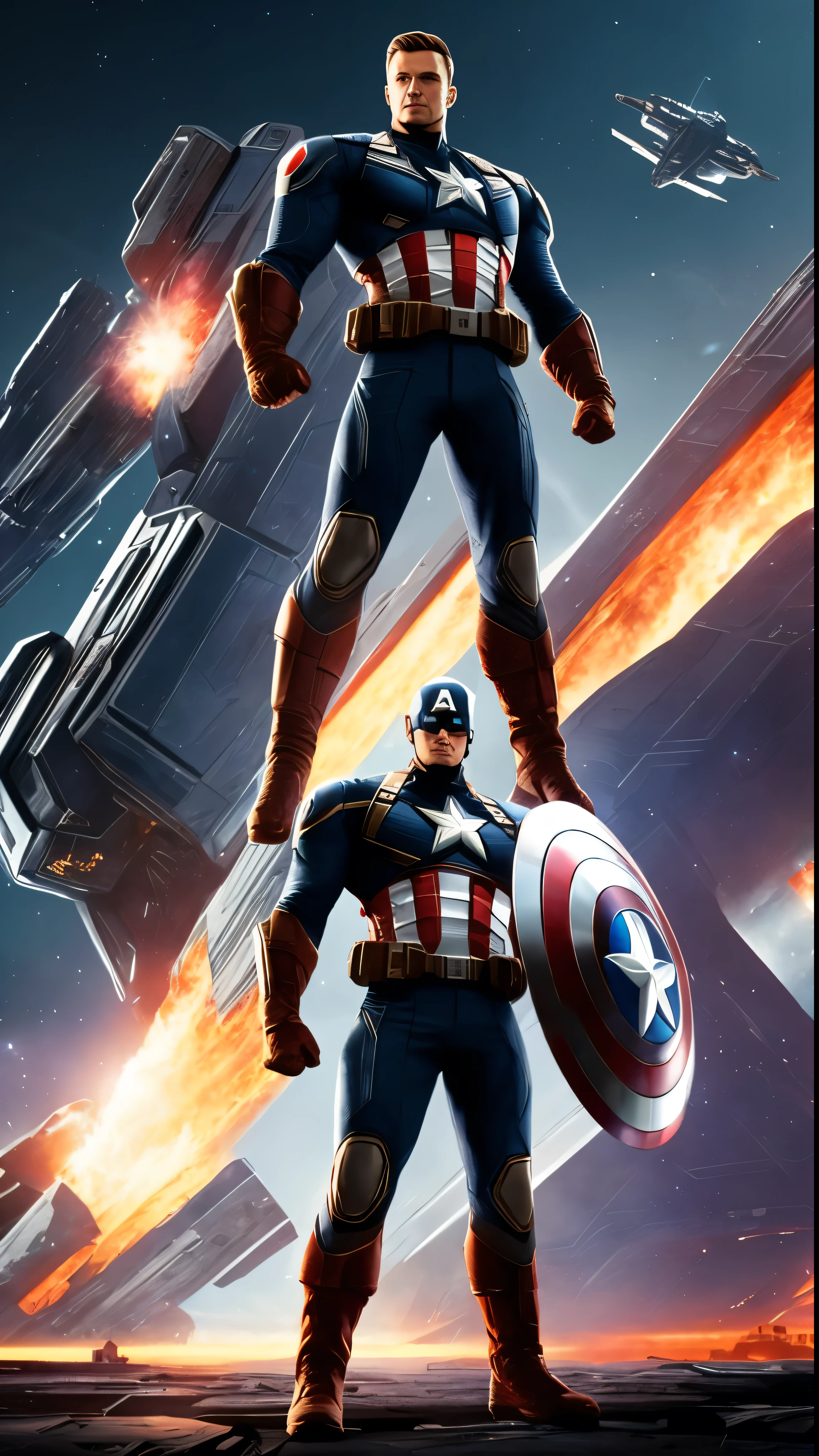 The iconic Captain America figure appears against the backdrop of an interstellar battlefield、A fascinating cinematic scene follows.。Embers from a devastating explosion cast an eerie, fiery glow across the screen.、Protagonist's Hall々It emphasizes its presence.。Hold the Stars and Stripes High、He flashed the patriotic shield emblem、Ready to join forces with the eccentric Guardians of the Galaxy team。Their futuristic spaceship、Benatar looms ominously in the foreground.、Its smooth metal surface reflects the chaotic flames in the distance.。The scene is set for epic action