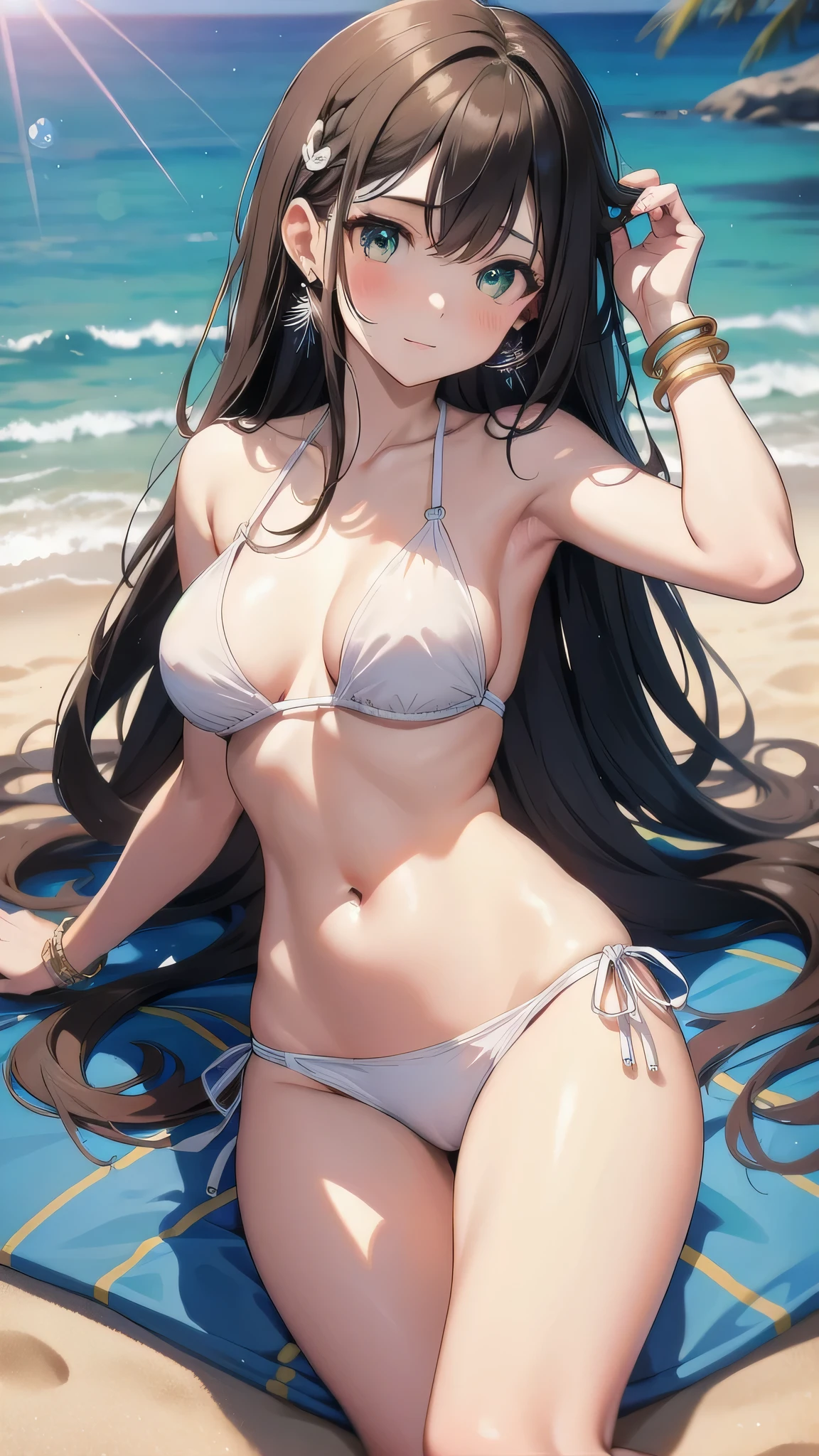 masterpiece, highest quality, 1 solo girl, Brown Hair, Green Eyes, Long Hair, Medium chest, sexy body and face, Wavy Hair, 笑face, White Bikini, meanwhile, bracelet, jewelry, Earrings, Feather hair ornament, ball, Lying on the sand, summer, Sexy pose, Cowboy Shot, Detailed body, face, And eyes, Sharp focus, Vibrant, creative, dynamic, High resolution, High resolution, 8k, (Deluxe: R-ESRGAN 4 times+ Anime6mage Enchantment:4 times), Voluptuous body, Cinema Lighting, Dakimakura style, Looking at the audience,
