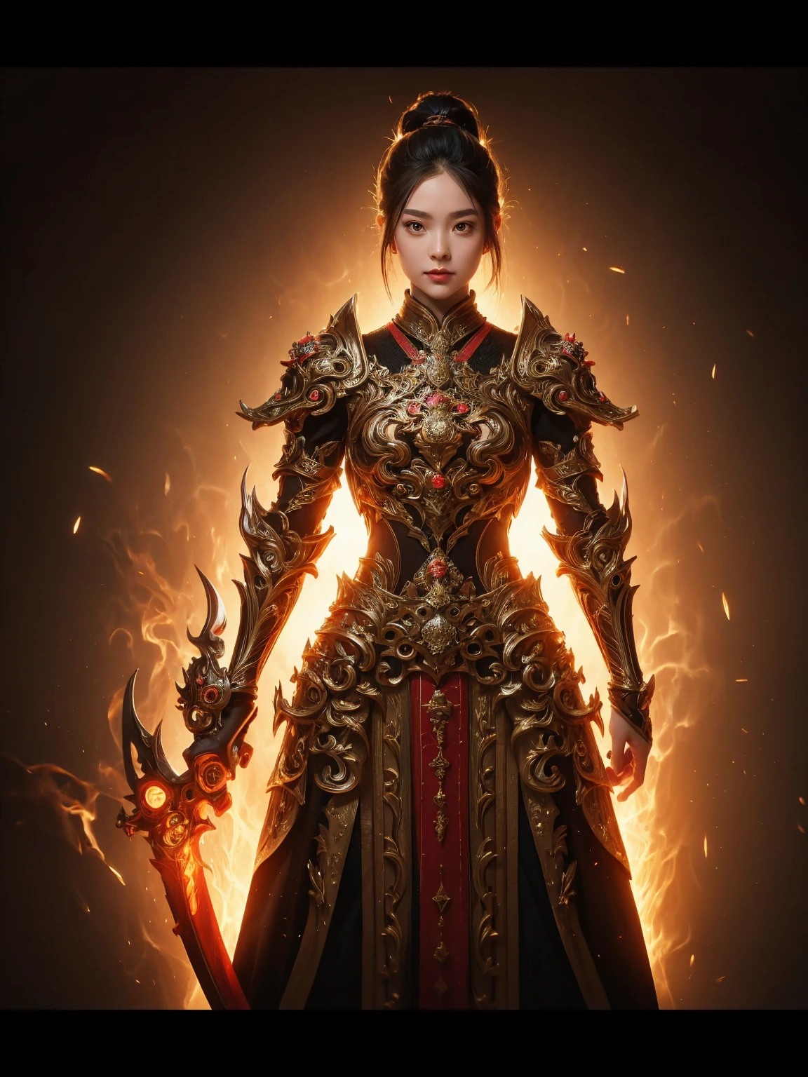 (masterpiece, top quality, best quality, official art, beautiful and aesthetic:1.2), (1girl),craft a Hyper-realistic portrayal of a futuristic (1girl1.2), Japanese character donned in intricate armor surrounded by captivating flames, an epic long (sword:1.2), dynamic pose, Meticulous details capture the intense fusion of tradition and innovation in this visually stunning composition. Trending on Artstation.