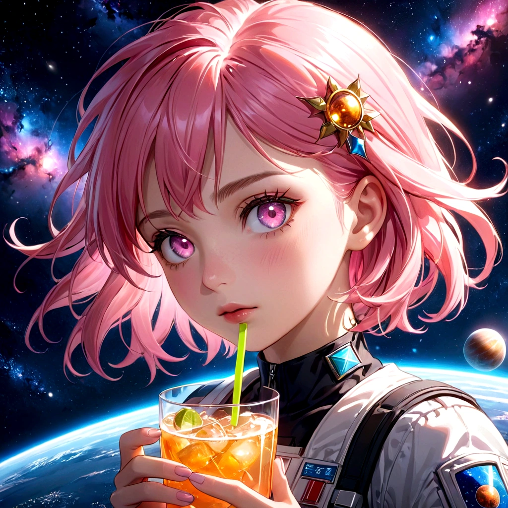 a girl with pink hair holding a drink, space background, anime aesthetic, official art, 8k, high quality, detailed, photorealistic, vibrant colors, studio lighting, beautiful detailed eyes, beautiful detailed lips, extremely detailed face, long eyelashes, complex hairstyle, dreamlike atmosphere, glowing aura, dynamic pose, cinematic lighting