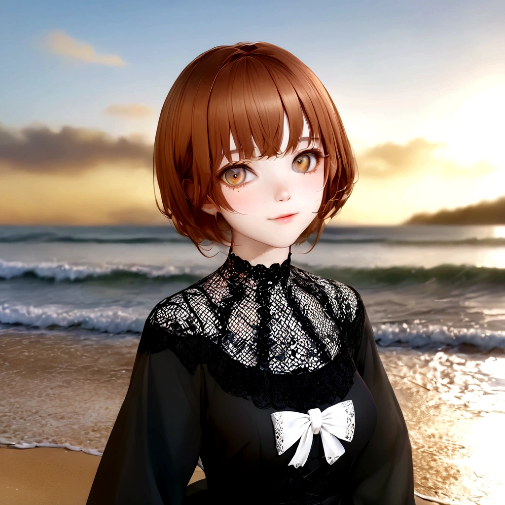Golden Eyes、Anime girl with brown hair and black dress on the beach, Created by Anime Painter Studio, render of a cute 3d anime girl, Anime-style 3D, Anime Moe Art Style, Realistic Anime 3D Style, Smooth anime CG art, Anime style portrait, ( ( 3D Rendering ) ), April Rendering, 3d anime girl, Realistic anime art style