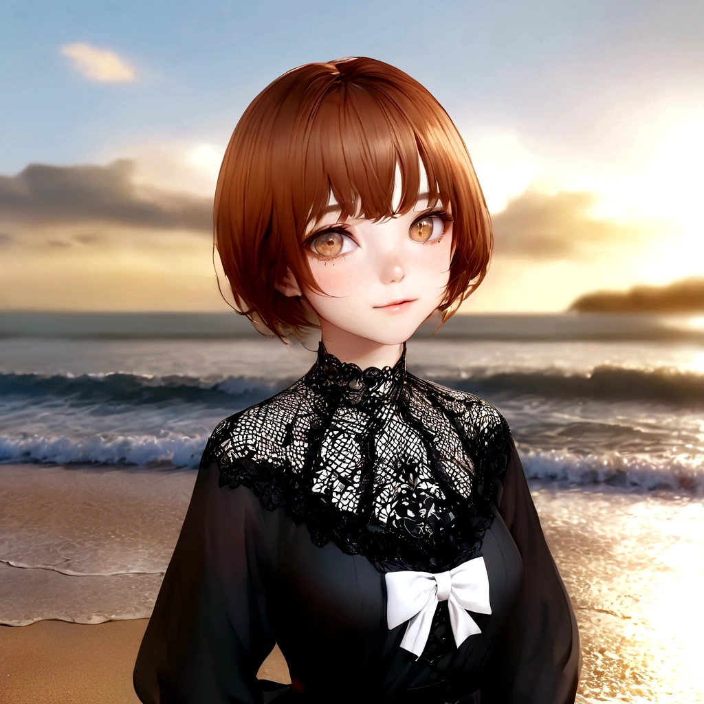 Golden Eyes、Anime girl with brown hair and black dress on the beach, Created by Anime Painter Studio, render of a cute 3d anime girl, Anime-style 3D, Anime Moe Art Style, Realistic Anime 3D Style, Smooth anime CG art, Anime style portrait, ( ( 3D Rendering ) ), April Rendering, 3d anime girl, Realistic anime art style