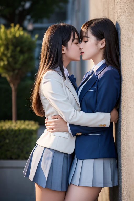 Ultra-high resolution,Professional Lighting,highest quality,masterpiece,Two girls hugging each other and kissing passionately at night by the wall behind the school building,Blue blazer and grey pleated micro mini skirt,Lesbian,white thigh high stockings,見事なBeautiful buttocks,Close ~ eyes,Body to Body,Touching each other's breasts,entangle your legs,Hug your loved one,Supermodel,Beautiful buttocks,Beautiful feet,Perfect beauty,Shiny long hair,Overflowing sex appeal,Very delicate skin texture,Browsing Caution