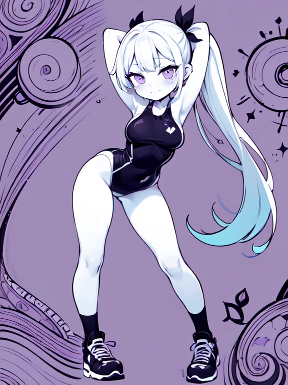 (masterpiece:1.3), (highest quality:1.3), (Super detailed:1.2), ((cute)), cute, (Lovely), ((sexy)), ((Very detailed)), 4K, (8k), highest quality, (beautiful), figure, Anime Style, (Bold Line:1.2), Gradation, (whole body), //, (Put your arms behind your head:1.2), Leaning forward, //, cute女の子, One girl, , (alone:1.2), Pink skin, //, Huge breasts, (Perfect Eyes:1.2), (Perfect Iris:1.2), //, Long Side Ponytail Hairstyles, turquoise hair color, (beautiful目) //, (sexual expression:1.2), (Ahegao:1.3), (Laughter), smile, //, Abstract art (School Swimsuit), //, (monochromatic (lavender) cuteゼンタングルハートパターンの背景:1.3), (Zentangle Background), Abstract Background Art