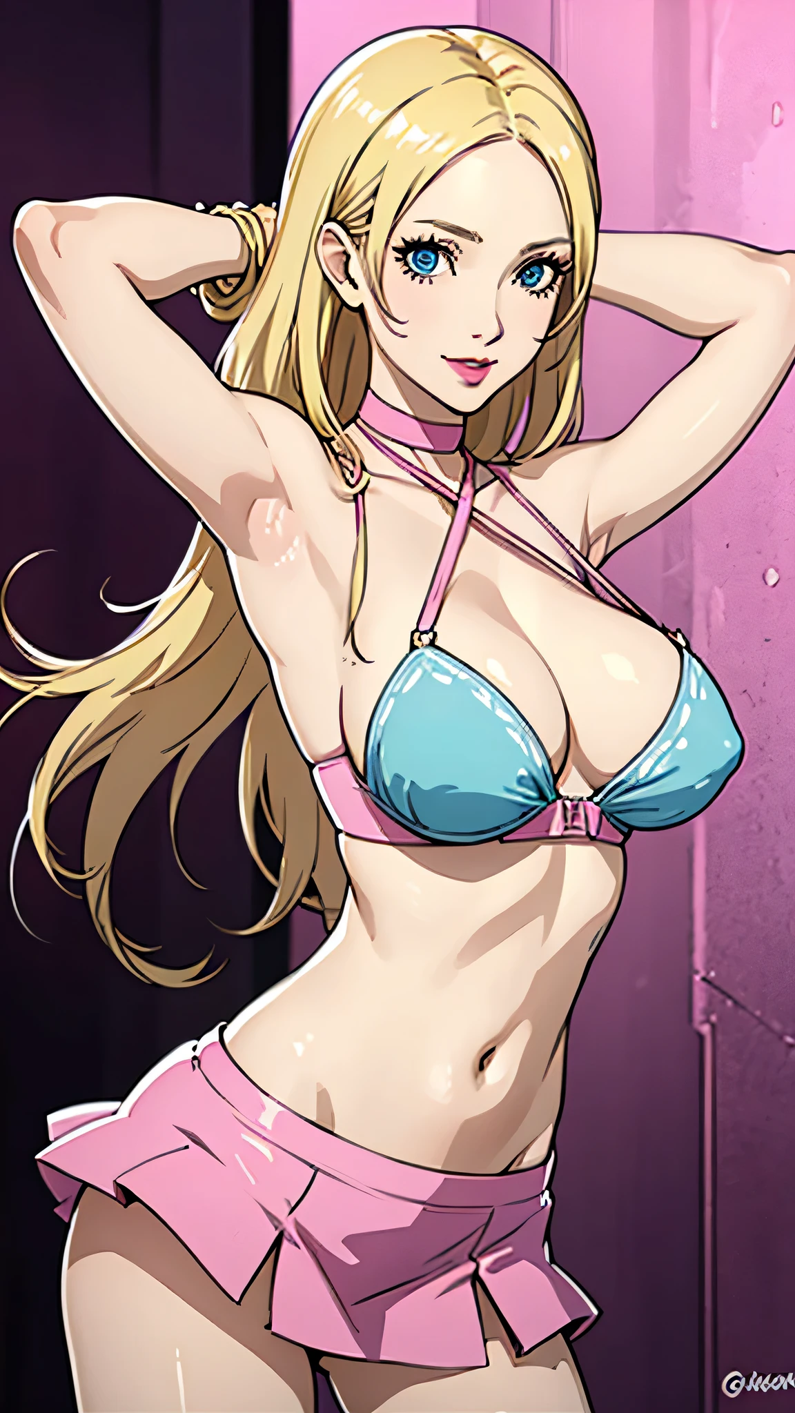 1girl, smile, blue eyes, Blonde hair, loose hair, very long hair, forehead, white bandeau, red choker, belly, huge breast, pink extreme micro skirt, lipstick cowboy shot, arms up, armpits, street background