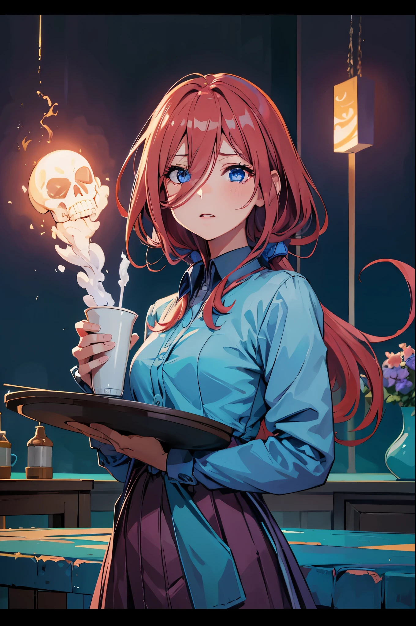 maid miku, maid cute outfit, skull smoke getting out from a drink glass, solo, ((masterpiece)),((high resolution)),((best quality)), extremely fine and beautiful, super fine illustration, (Miku nakano, top-quality、Official art、Beautifully Aesthetic:1.2)、(a beauty girl:1.3)、vivid colours、colourful, HD Detail, Ultra Detail, soft Light, Deep Focus Bokeh, magical photography, dramatic lighting, intricate details, (1 girl, solo, alone), , sfw, nakano_miku, blue eyes, indigo eyes, aamiku, Miku, sparkling blue eyes, sfw, pretty age girl with long dark pink hair, heart shaped lips and blue eyes making a cute face, blushing, aamiku, Nakano Miku from The Quintessential Quintuplets, Miku Nakano, masterpiece, 4k, ultradetailed, cowboy shot, nakano miku, long pink red hair, calm face, blushing, awkward face,  one strand of hair across her face, blue eyes, innocent, pure, shy, tender, restaura,t, holding a tray, serving tables, maid miku, maid outfit, lovelymovie lighting, perfect shadow,