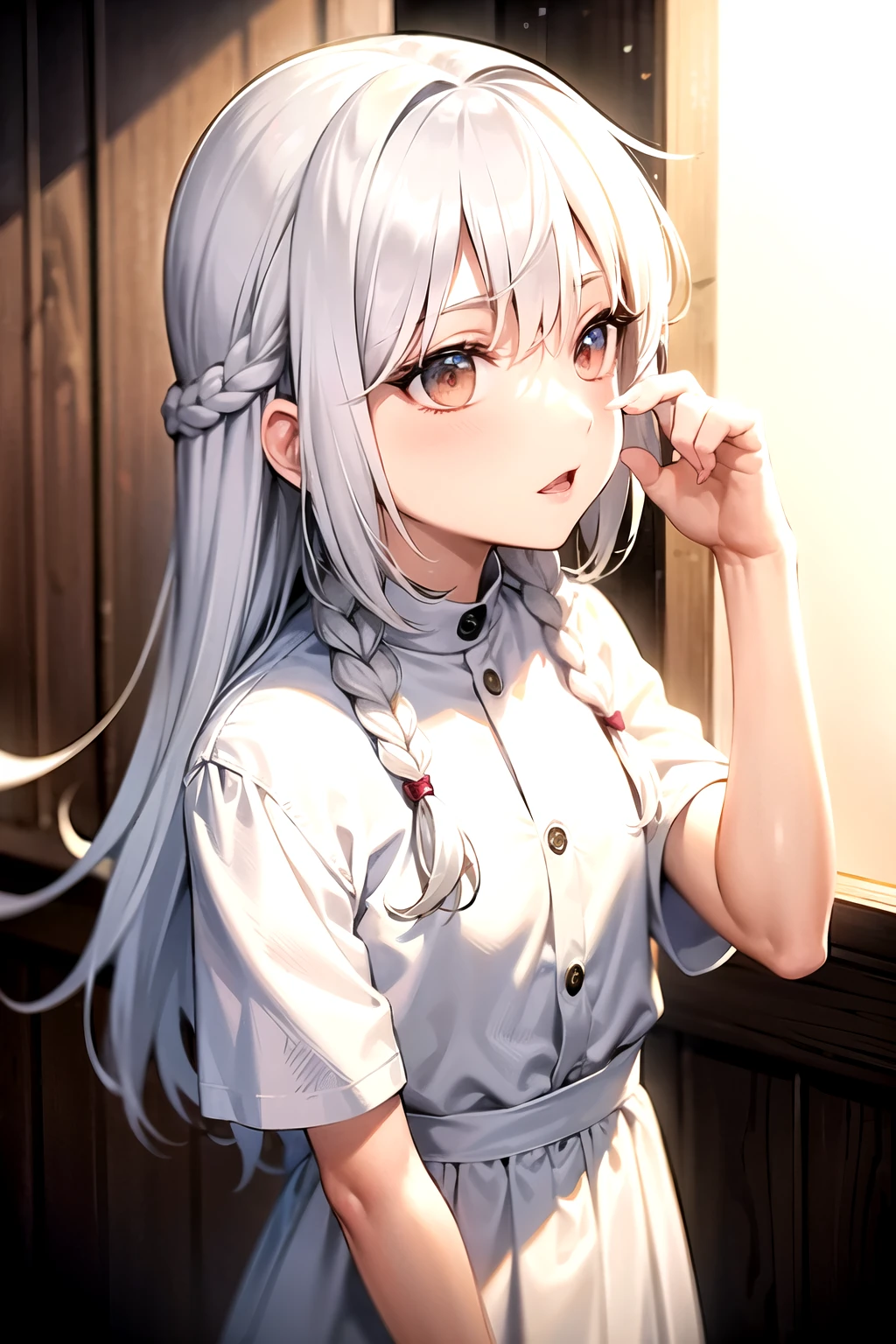 best quality, masterpiece,white hair, Golden Eyes,White clothes, look up, Upper Body,Hair,White skin,Side Braid,Loli