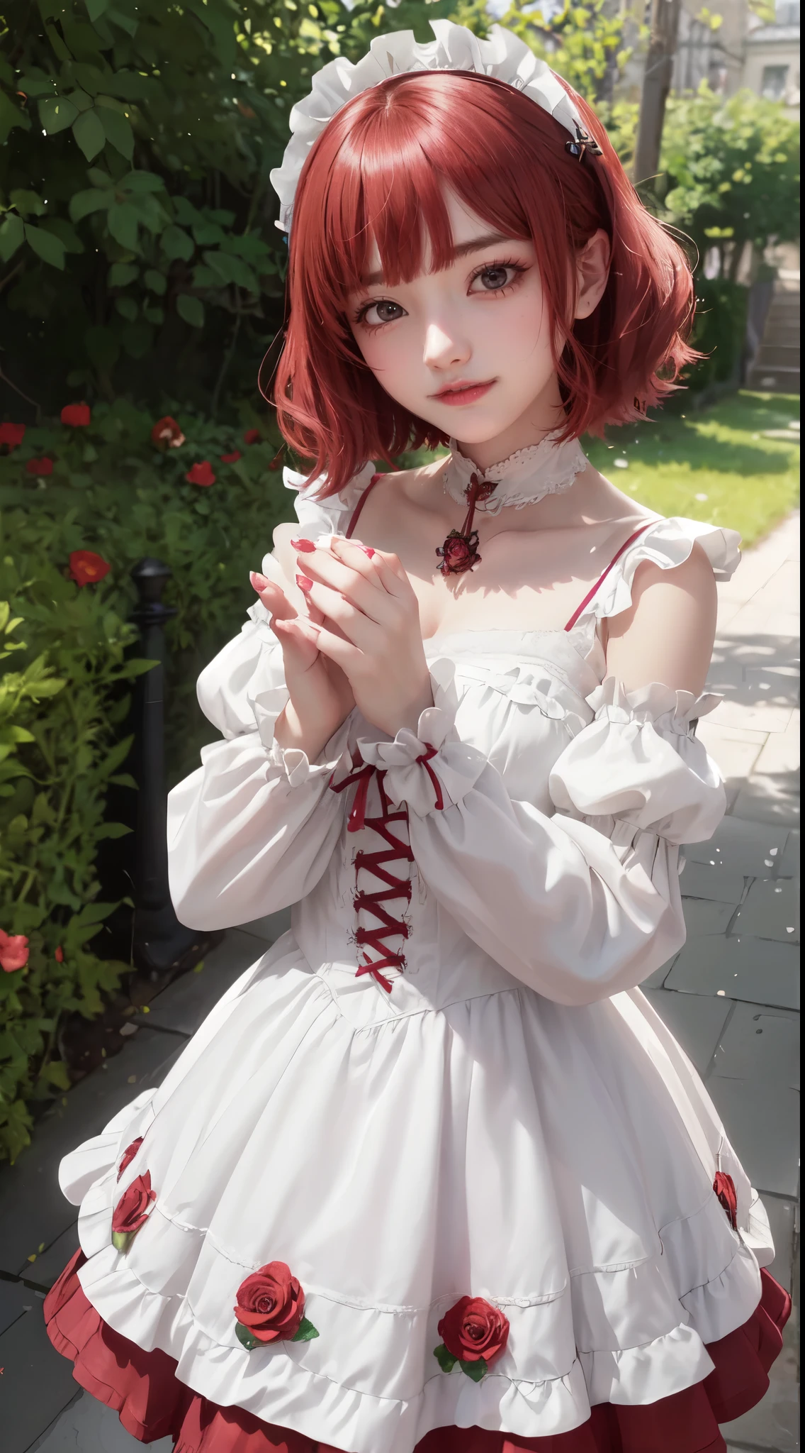 ((masterpiece)), (anime:1.5), ((highest quality)), (RAW Photos: 1.2), (Professional photography:1.2), whole body, 8k, From the side, Wide Shot, (12 years old), ((One girl)), Textured skin, Cinema Lighting, One girl, ((Beautiful Gothic Lolita Pure White Dress)), (Very hoop dress), Luxury Rose Embroidery, Cute innocent girl, ((Hair on one eye)), Slim and small chested, (Short red hair), (Gothic Lolita Makeup), Beautiful Hair, smile, (blush), Particles of light, ((Lift up your skirt with your hands)), In a beautiful and wonderful garden, (red rose garden)