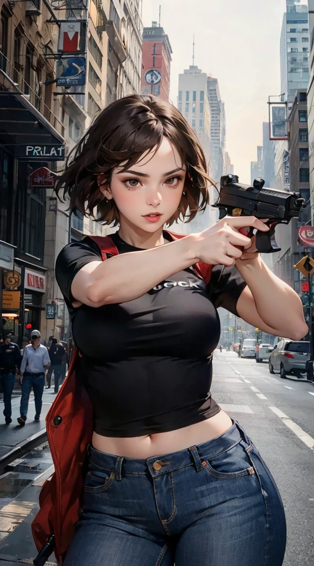 masterpiece, best quality, hires, 1girl, solo, solo focus, afro-american, dark-skinned female, beautiful detailed eyes, beautiful detailed face, perfect hands, complete fingers, perfect anatomy, perfect proportions, realistic, brown hair, medium hair, short hair, brown eyes, new york police detective, dynamic action pose, holding weapon, holding gun, holding one gun with one hand, aiming gun, handgun, shooter, glock17, breasts, medium breasts, assault vest, tools on vest, black t-shirt, jeans, cowboy shot, new york backdrop.