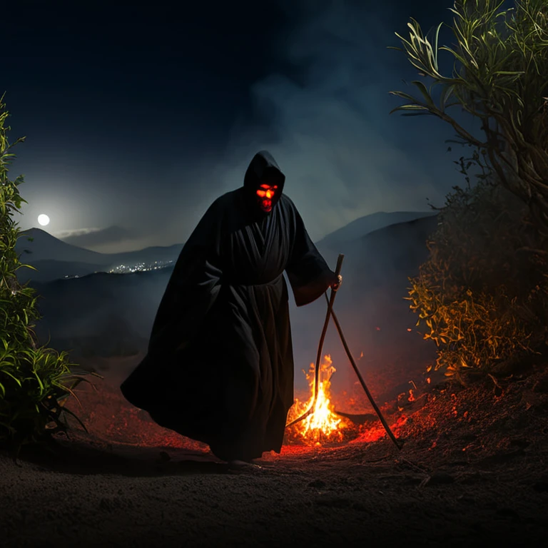 

"Realistic and detailed illustration of a moonless night on Cerro de las Ánimas. En el centro, una hoguera ardiente rodeada de figuras encapuchadas que realizan un ritual oscuro. Leader, with a black robe, sostiene un grimorio antiguo y un cuchillo ceremonial ensangrentado. A colossal demonic figure emerges from the smoke of the bonfire, with red eyes glowing and an evil laugh. A un lado, una anciana aterrorizada, Mrs. Eugenia, hides behind some bushes, with a horrified expression on his face. El paisaje es siniestro, con sombras alargadas y deformes, y un cielo oscuro y amenazante." Terror