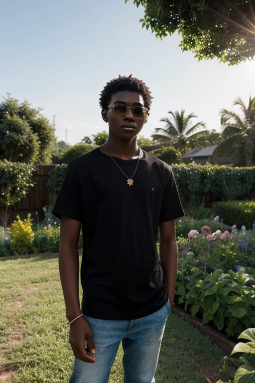 A cute teen black boy with trimmed hair wearing sun glasses and a black shirt with a label, "Waited to Die Since". He stands infront of a beautiful garden