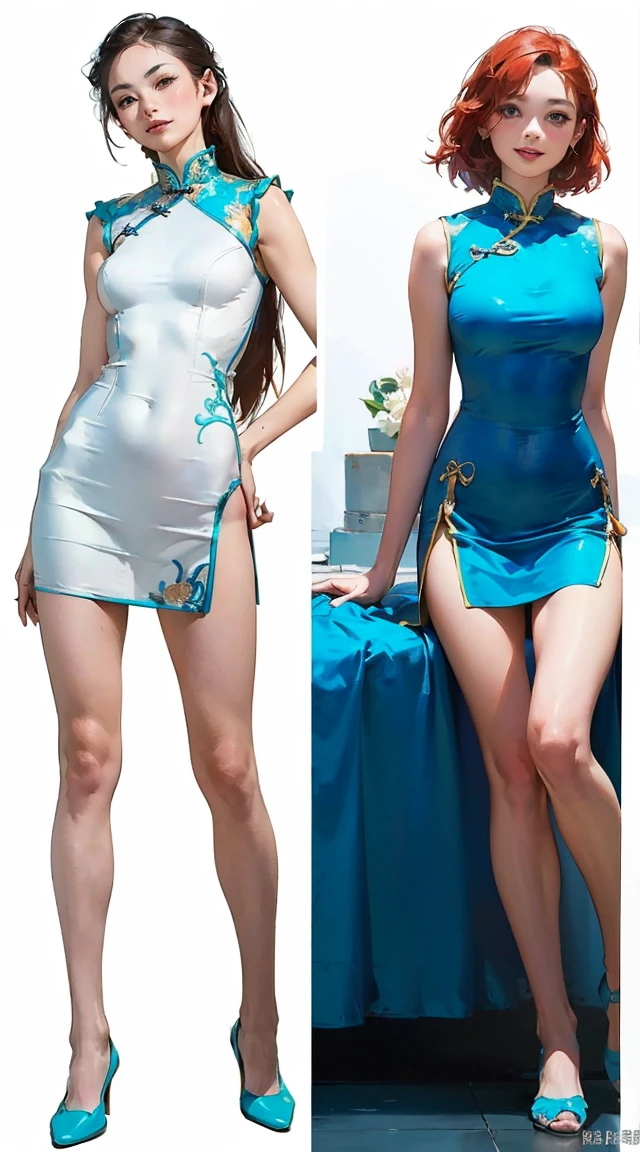 ((highest quality)), ((masterpiece)), ((realistic)) 19 years old, redhead girl, shoulder length hair, relaxed and happy face ((thin)) (Big breasts), ((( Chinese dress turquoise blue short dress))) (((mini skirt))) ((sexy dress)) Odango hairstyle (((detailed character sheet, Front view, Side view, 3/4 view))) (((white background))) 6 and a half whole bodies