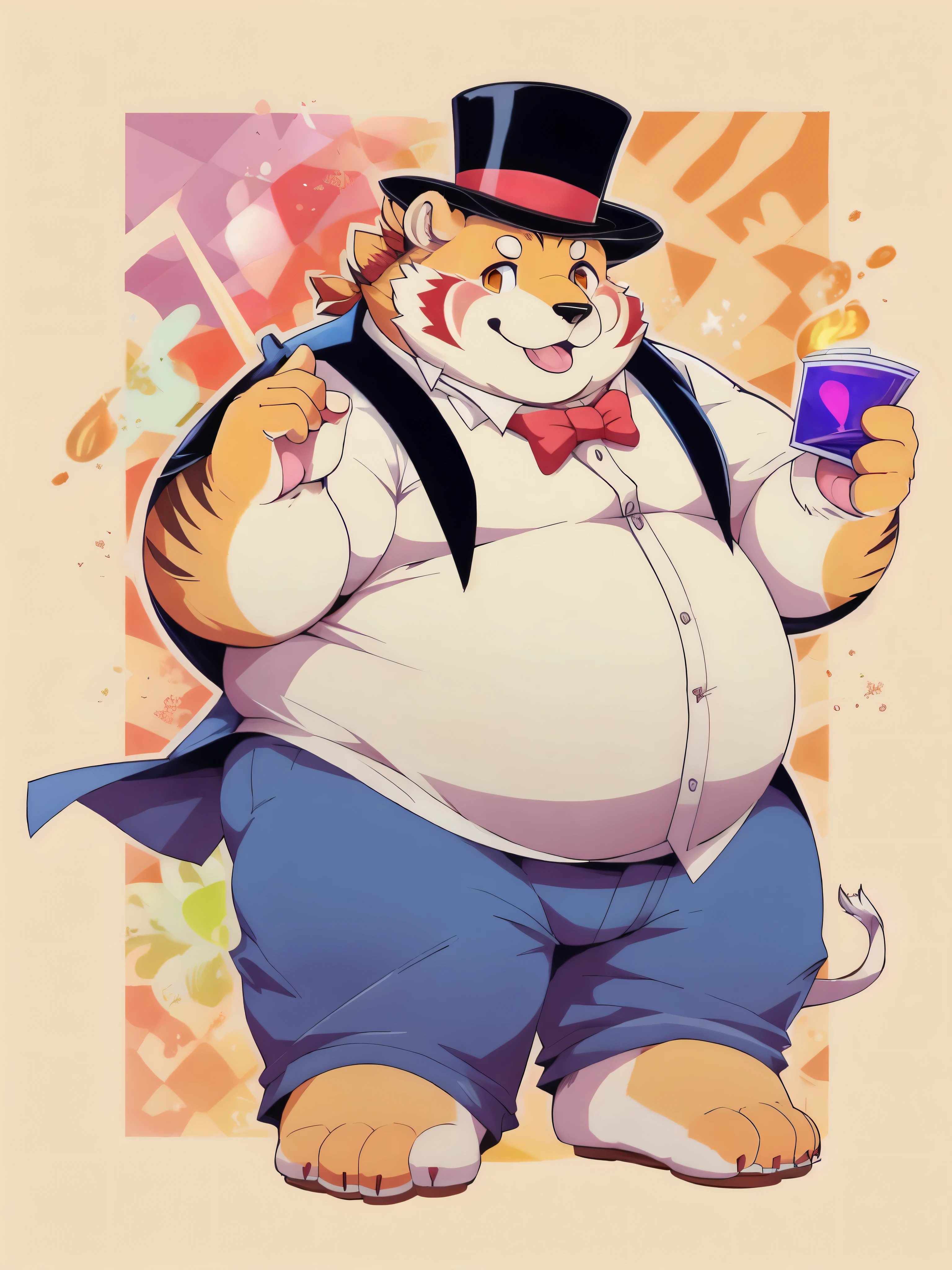 (masterpiece, best quality:1.2), fanqiuhu,furry,overweight,magician,White dress, top hat,foot,Increase saturation