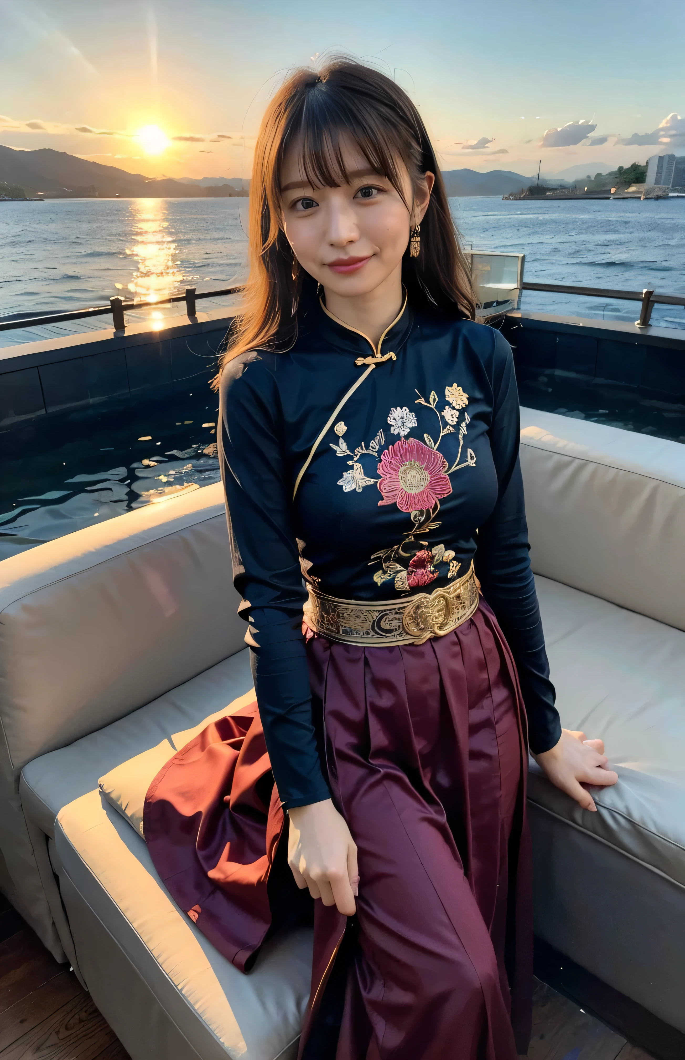 The sky turns red、A typical Chinese mountain々I can see、((hair ornaments:1.5)).A gorgeous gold embroidered Chinese dress、hair ornaments、Tie your hair elegantly、Gorgeous silk cheongsam、((Standing on a boat and posing sexy、Luxurious and shiny wine red Chinese dress with embroidered long skirt:1.4)).A luxurious and shiny silk cheongsam、A luxurious navy blue cheongsam with embroidery、Woman standing on a boat、Light brown hair、Elegant hairstyle、Blue Eyed Woman、A woman with a cute upward gaze、When the sky gets dark、The gentle light of the ship shines、The sky turns red as the sun sets、I can see your body lines in tight clothes、、Elegant navy blue summer knit、Elegant black summer sweater、Short skirt、Dress elegantly着こなす、Luxury Bagedium Shorthair:1.4））、Skyscrapers seen across the sea、Manhattan 私sland is visible offshore、Woman on a sightseeing boat、、The sun shines on her、Light brown hair、Light brown hair、The sky was dyed red、There are clouds、private's cute、An elegantly dressed woman is sitting on a boat and watching the sunset、Her ample breasts are obvious even through her clothes..、The shining sun is so beautiful、Dusk is approaching、Lens flare、I can see the sunset、（（Sunlight reflecting off the ocean、Ocean View、The sun shines on the sea、&#39;beautiful.、Small earrings、private&#39;evening、Birds are also flying、、Brown Hair Color、Tying up hair、The woman is on the right:1.4））、Luxury Leather Belts、Shiny clothes、Light beige hair color、Background Blur、Braid only the front hair、Light brown hair、｛｛Cowgirl Shot｝｝、（（Close-up shot from the waist up、Ample breasts:1.4））、Smile、Silk clothing、Ample breasts that can be seen even through clothes、Braid only the front hair、Cowboy Shot、Gorgeous white collared silk shirt and brown skirt、Dress elegantly、Luxury Bags、A lovely smile、（（Ample breasts））、Full body photo、ring、Short skirt、Tuck your hair behind one ear、Silver Necklace、smile、 Elegant ponytail、Caustics、Highly detailed photos、Very beautiful and ideal short hair、Super no makeup、(8k、RAW Photos、highest quality、masterpiece:1.2)、(Realistic、Realistic)、1 girl、((Medium Short Hair、Looking into the camera:1.4))、Hair blowing in the wind
