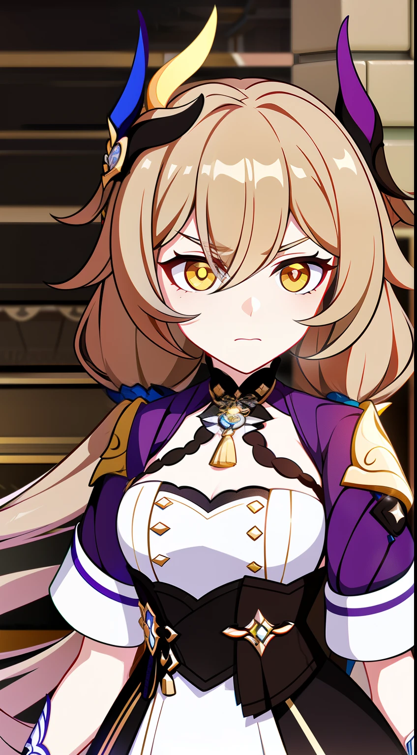 (high-quality, breathtaking),(expressive eyes, perfect face) Symmetrical Eyes, teenager, age 18, upperbody, Honkai Impact 3rd, 1girl, female, Valkyrie, yellow eye color, brown hair color, grey background, long hair length, Honkai outfits, Genshin outfits, facing towards viewer, pigtails, serious expression
